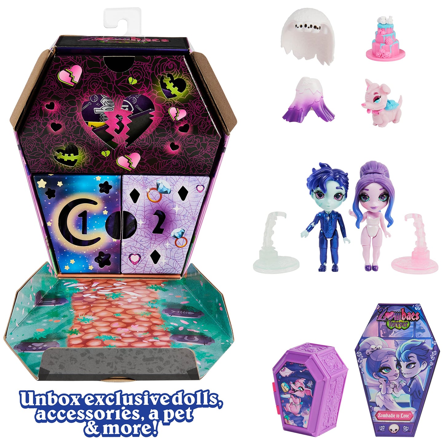 Zombaes Forever, Zombadie to Love Deluxe Zombie Dolls Set with 2 Exclusive 3.5-inch Figures, Pet & Accessory, Girls Gifts, Kids Toys for Girls