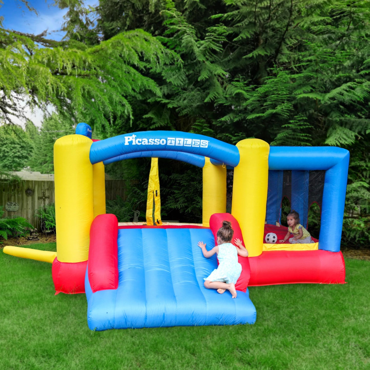 [Upgrade Version] PicassoTiles KC102 12x10 Foot Inflatable Bouncer Jumping Bouncing House, Jump Slide, Dunk Playhouse w/Basketball Rim, 4 Sports