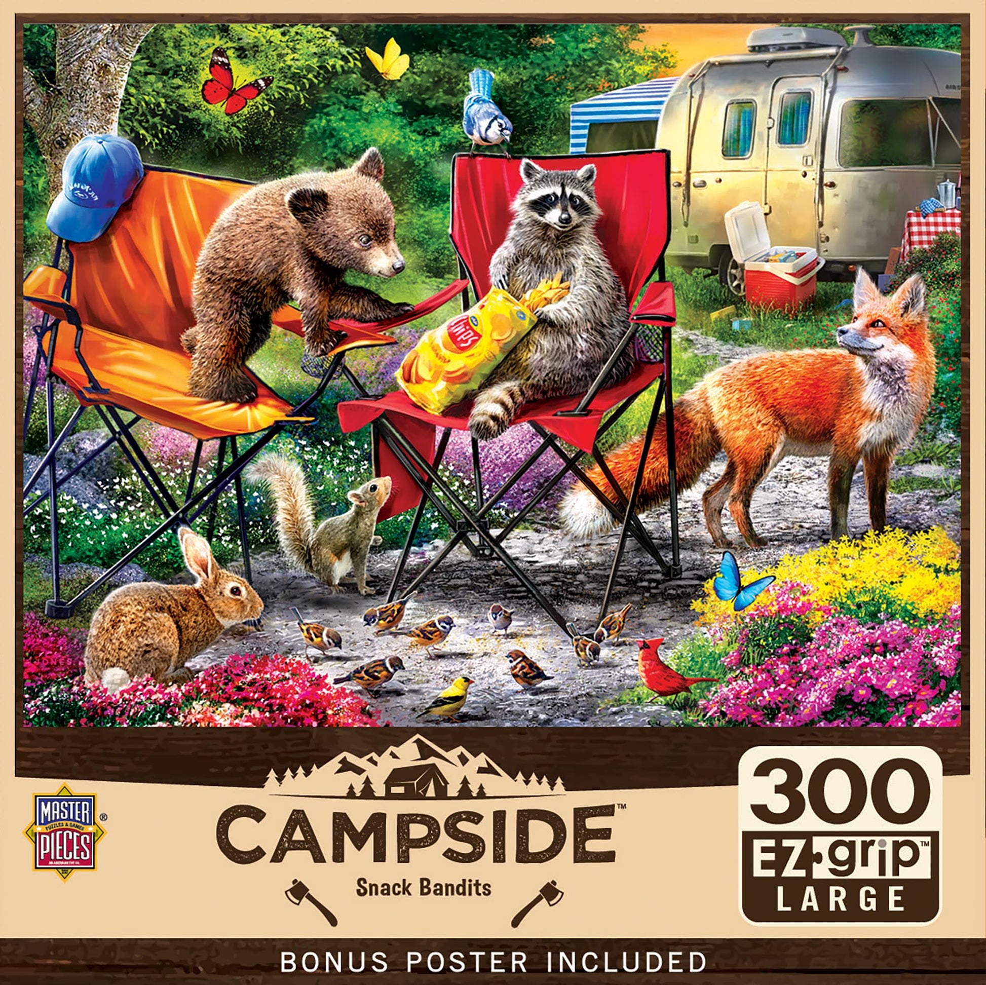 MasterPieces 300 Piece EZ Grip Jigsaw Puzzle - Snack Bandits - Large Pieces for Adults & Family, 18" x 24", Retro Summer Cabin Theme