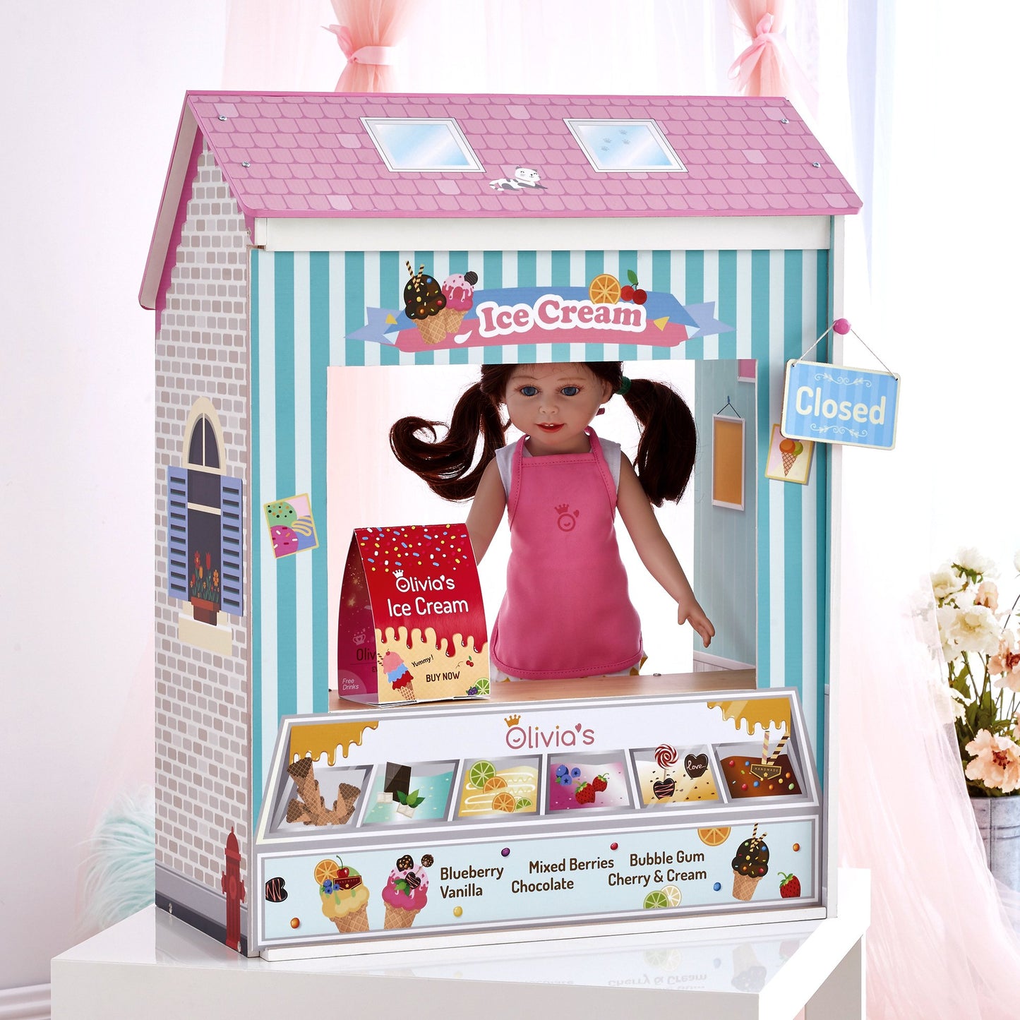 Olivia's Little World 18" Doll 4 Scenes Dollhouse with 7 Accessories | Convertible Wooden Play House | TD-12641C