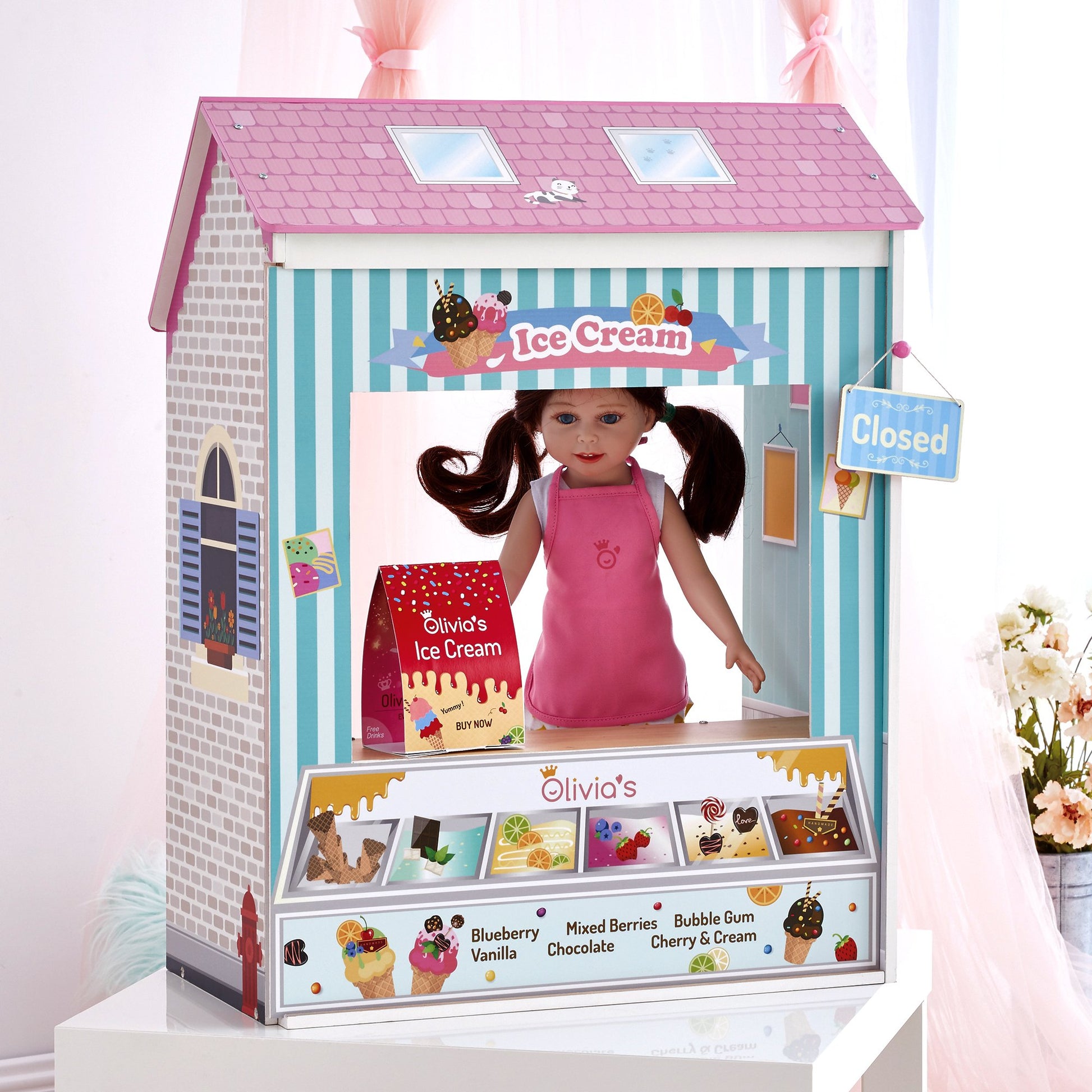 Olivia's Little World 18" Doll 4 Scenes Dollhouse with 7 Accessories | Convertible Wooden Play House | TD-12641C
