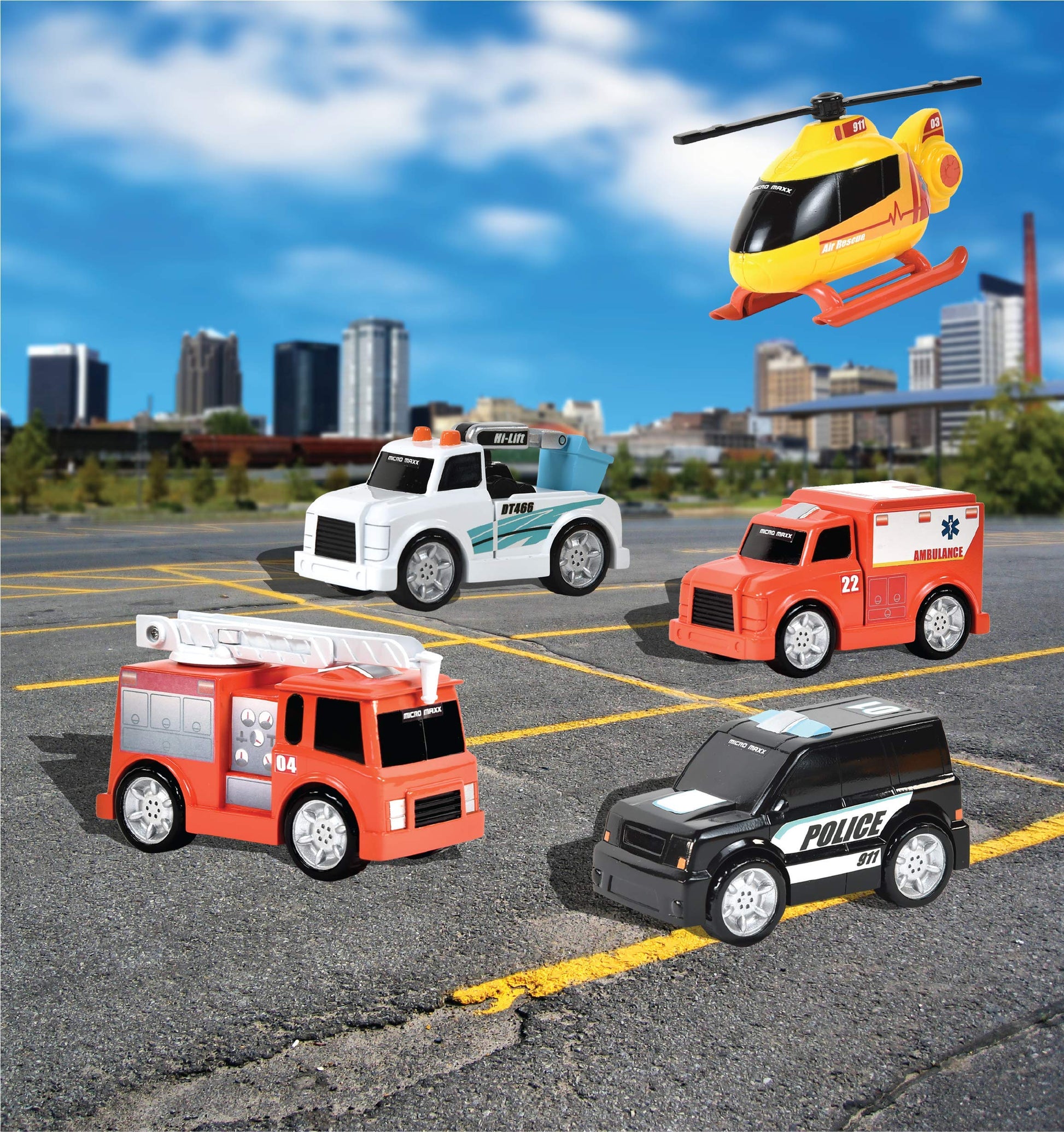 Sunny Days Entertainment Micro Mini City Vehicles - Rescue Toy Car and Truck Set for Kids | Firetruck Helicopter Police Ambulance | Free Wheeling