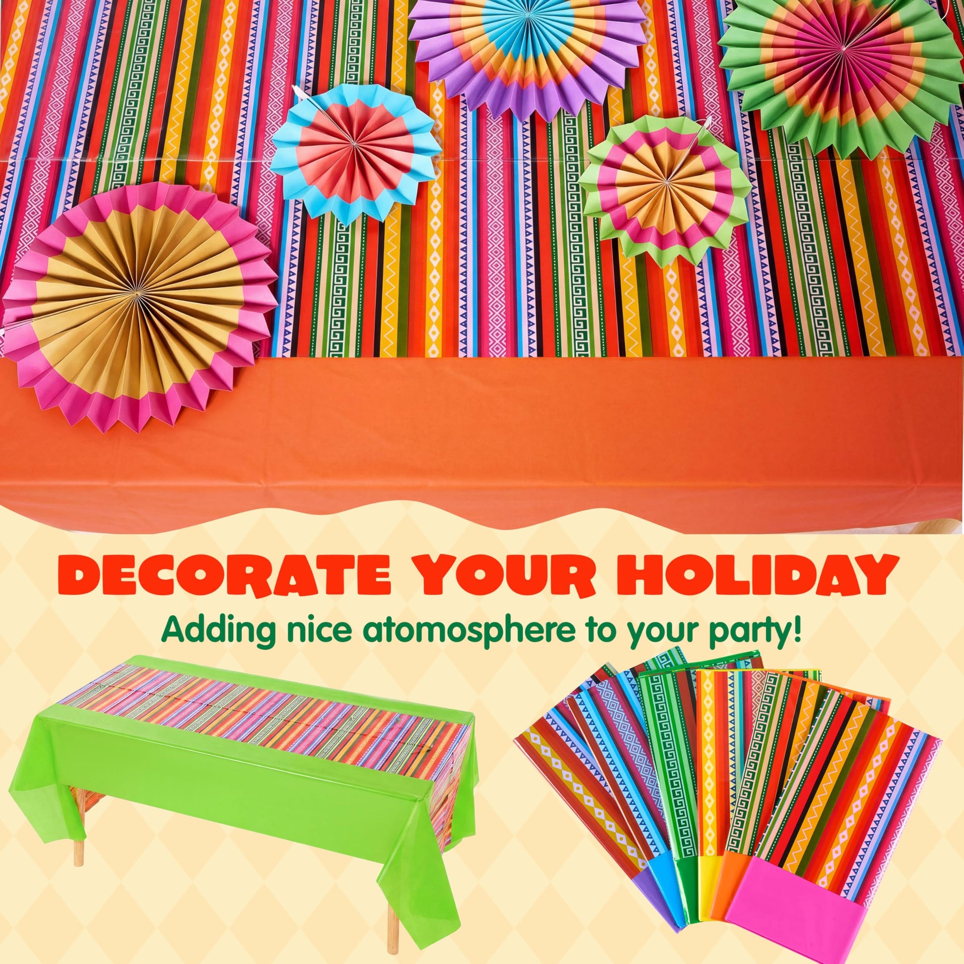 JOYIN 6 pcs Mexican Fiesta Tablecloth 54 x 108'' Party Plastic Tablecloth Striped Table Cover for Cinco De Mayo Decorations, Taco Night, Birthday