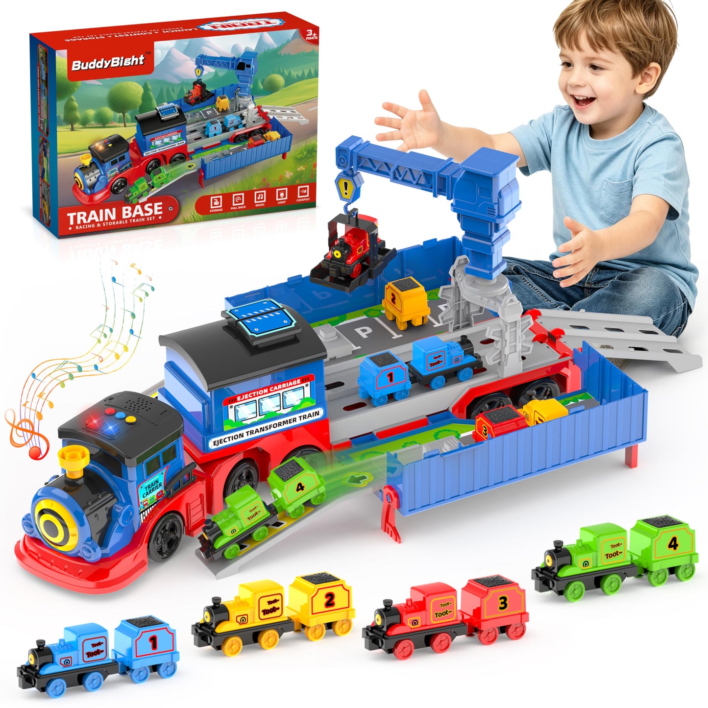 2-in-1 Toy Train Set for Toddler, Catapult Train Base with Movable Tower Crane, 8 Little Magnetic Trains, Light & Sound Effect, Ejection Car Truck