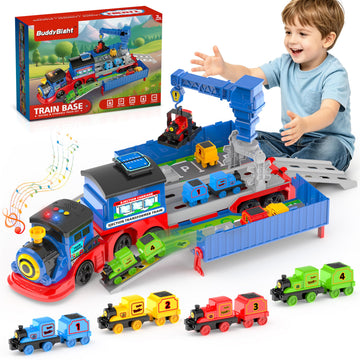 2-in-1 Toy Train Set for Toddler, Catapult Train Base with Movable Tower Crane, 8 Little Magnetic Trains, Light & Sound Effect, Ejection Car Truck
