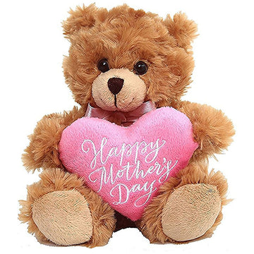 Plushland Mocha Bear, Holding a Heart in Pink Printed Happy Mother’s Day Message (Mocha)