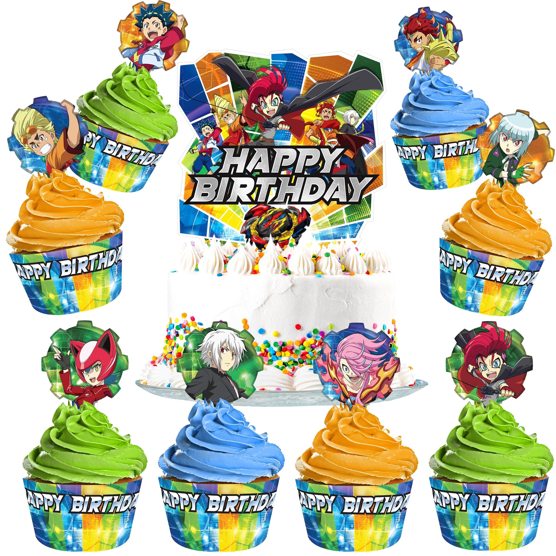 Treasures Gifted Officially Licensed BEYBLADE BURST Cake Topper Set - (1) BEYBLADE Cake Topper & (24) BEYBLADE Cupcake Topper & Wrappers - BEYBLADE