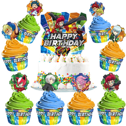 Treasures Gifted Officially Licensed BEYBLADE BURST Cake Topper Set - (1) BEYBLADE Cake Topper & (24) BEYBLADE Cupcake Topper & Wrappers - BEYBLADE