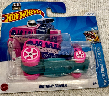 Hot Wheels Celebration Racers, HW Birthday Burner, Pink and Teal, 8/10