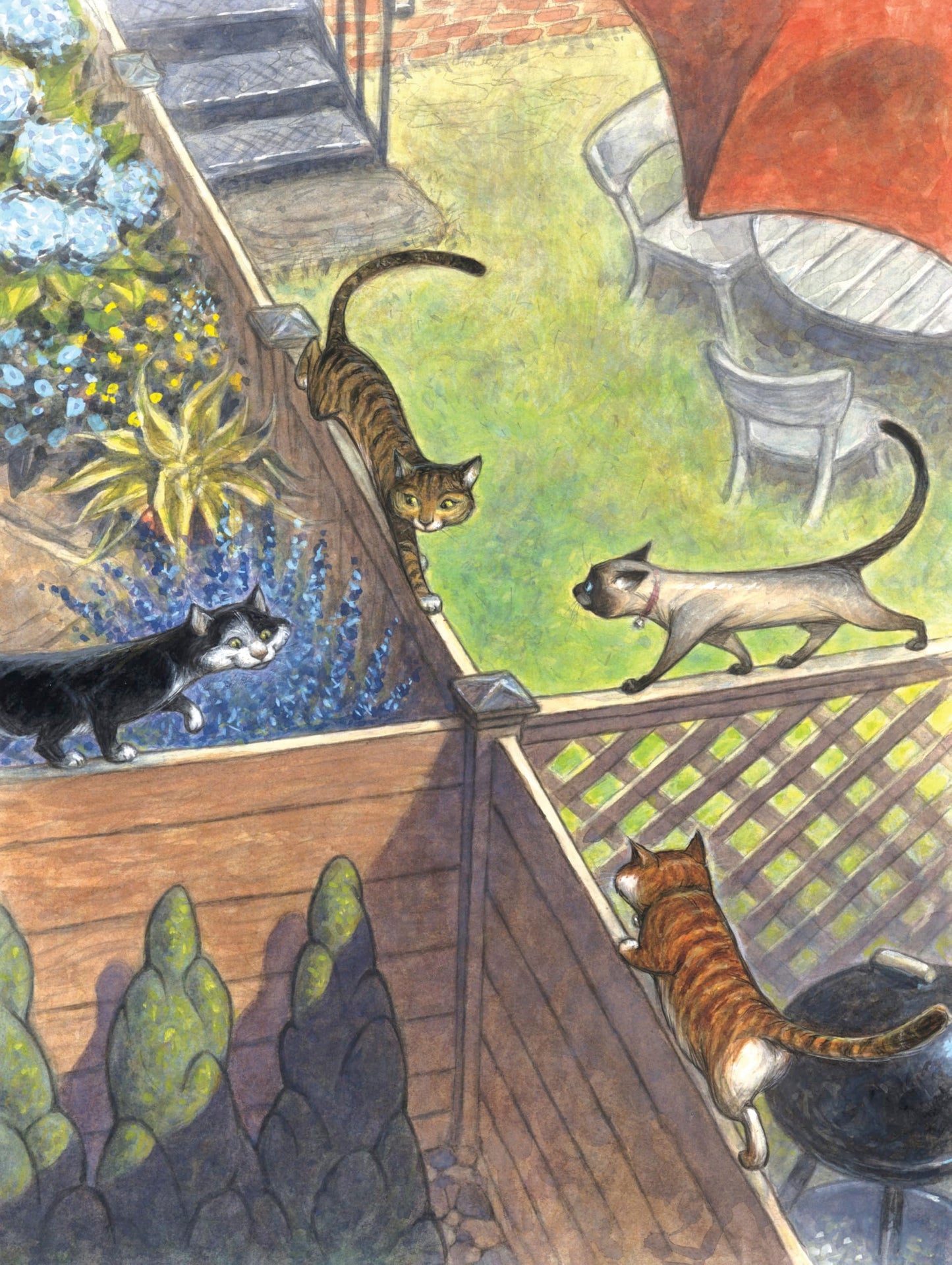 New York Puzzle Company - Peter de Sève Good Fences - 1000 Cat Piece Jigsaw Puzzle by Peter de Sève