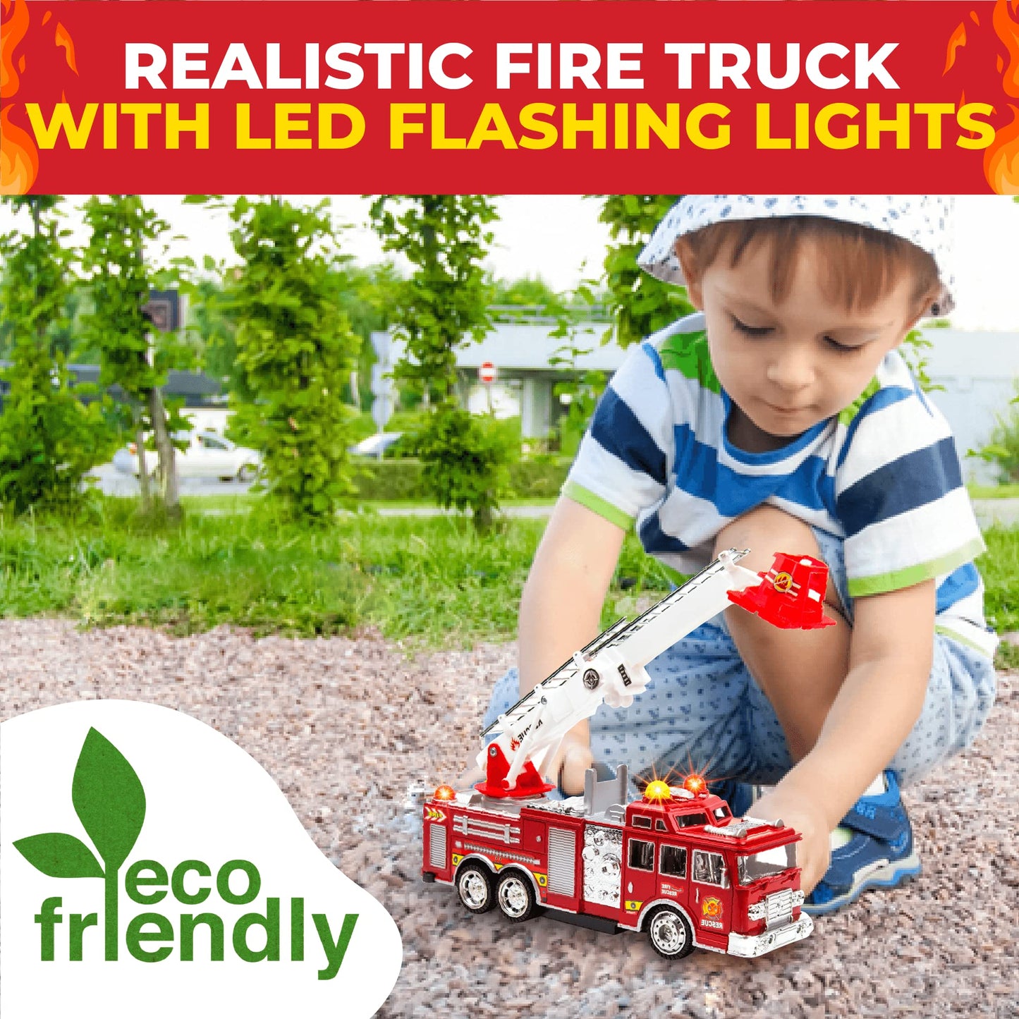 Toysery Fire Truck Toy with Flashing Lights & Siren Sounds for Kids, Extendable Rotating Ladder, Bump and Go Action, Role Play Toy for Boys & Girls
