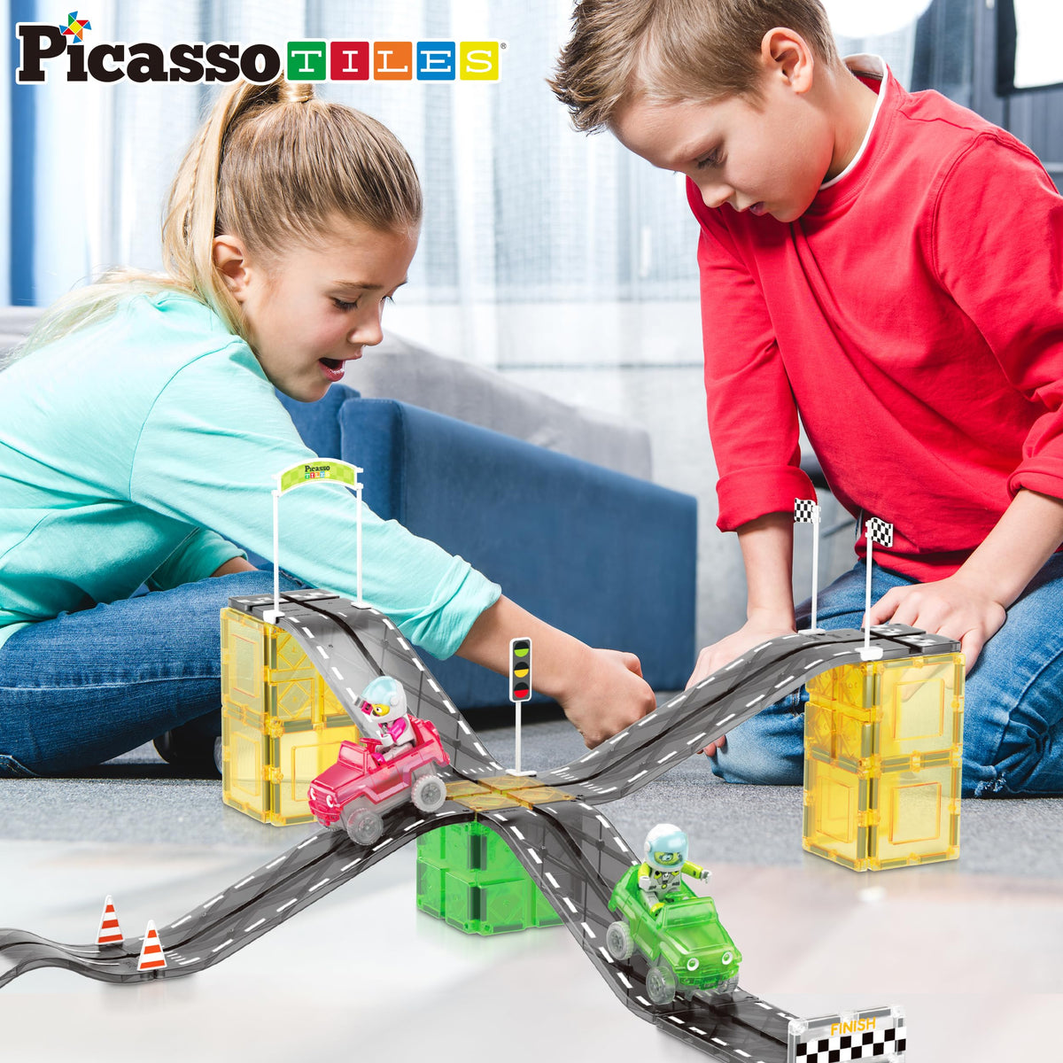 PicassoTiles Magnet Tile Race Car Track Construction Building Block Toy Kit with Character Action Figures and Racing Cars Magnetic Tiles STEM