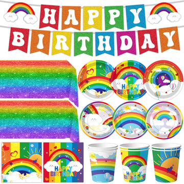 Rainbow Birthday Party Supplies Rainbow Theme Party Decorations for Boy, Include Tablecloth Banner Plate Napkin Cups