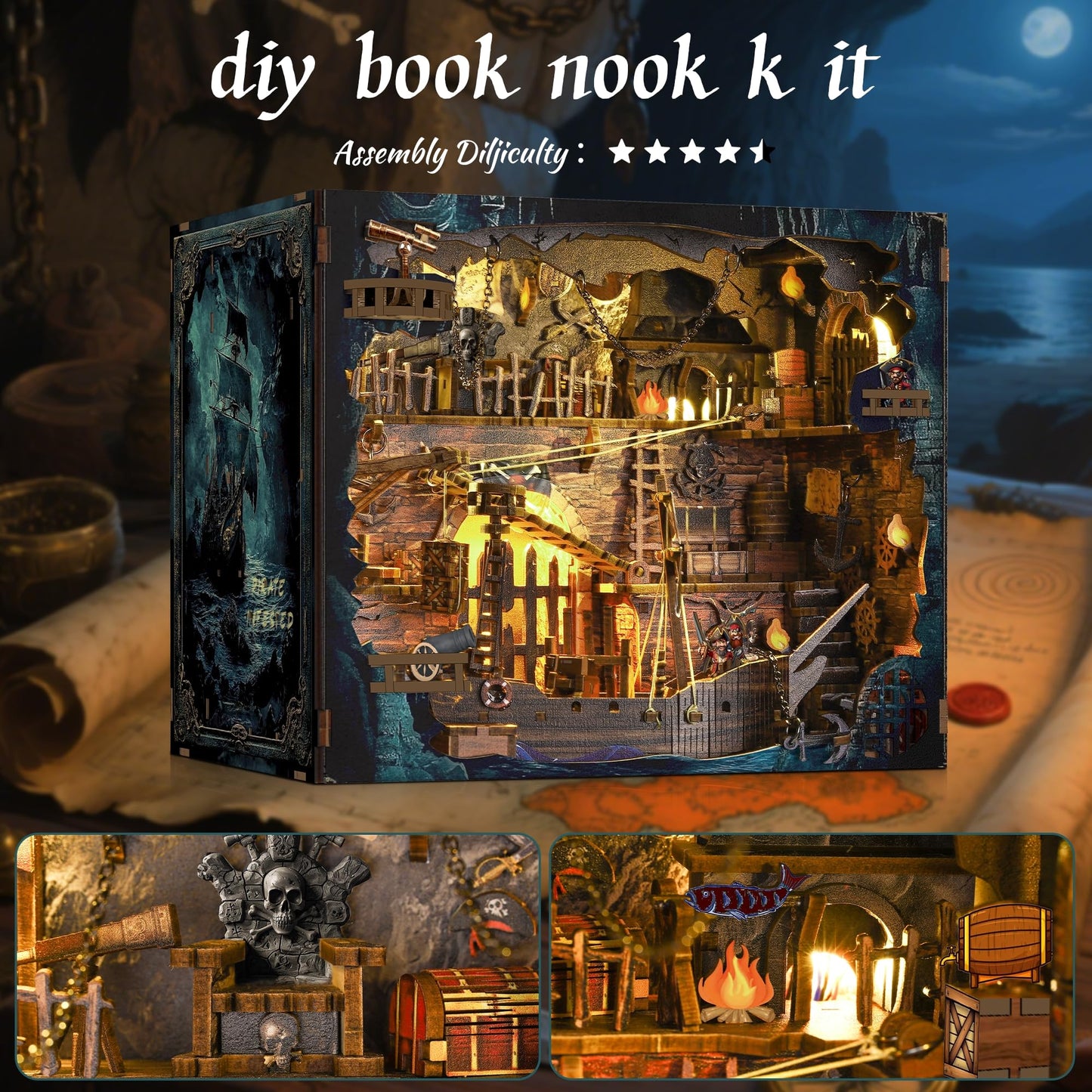 Book Nook Kit - DIY 3D Wooden Puzzle Miniature House with LED Lights - Creative Crafts for Adults - Bookshelf Insert Decor - Educational Gift