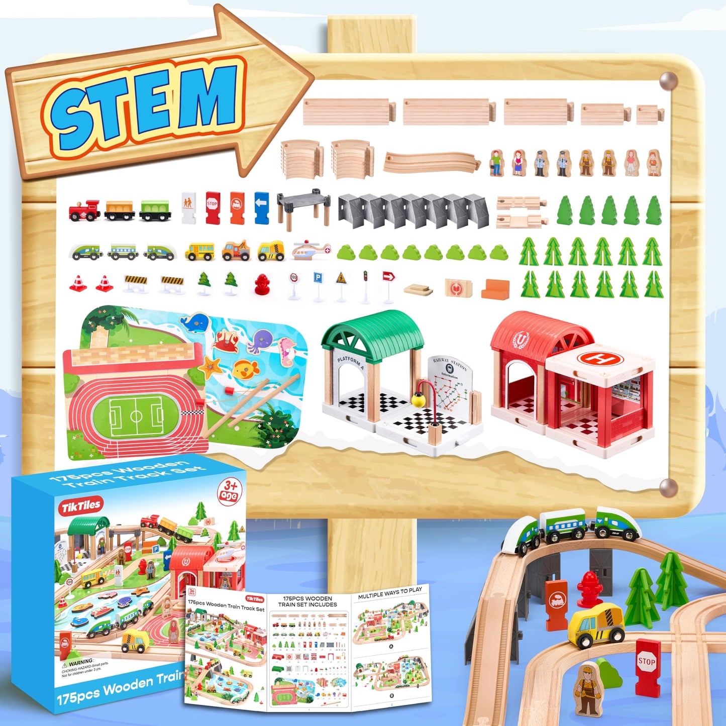 Wooden Train Set 175-Piece for Toddlers Kids Ages 3-8, Double-Sided Expandable Train Track with Puzzles & Magnetic Fishing Toys Compatible with Major