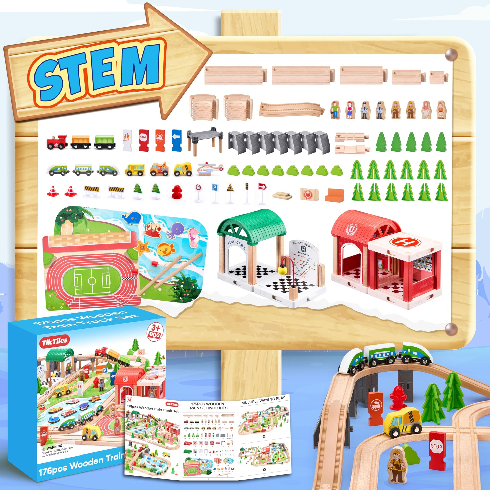 Wooden Train Set 175-Piece for Toddlers Kids Ages 3-8, Double-Sided Expandable Train Track with Puzzles & Magnetic Fishing Toys Compatible with Major