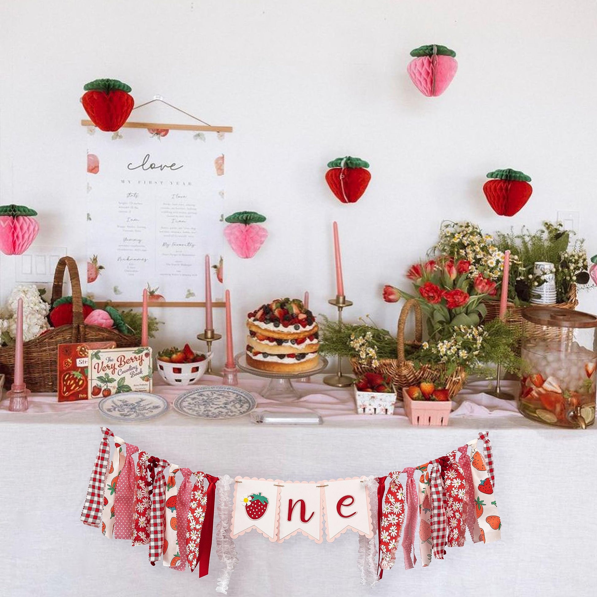 CANTLY Strawberry First Birthday High Chair Banner Sweet Strawberry Banner