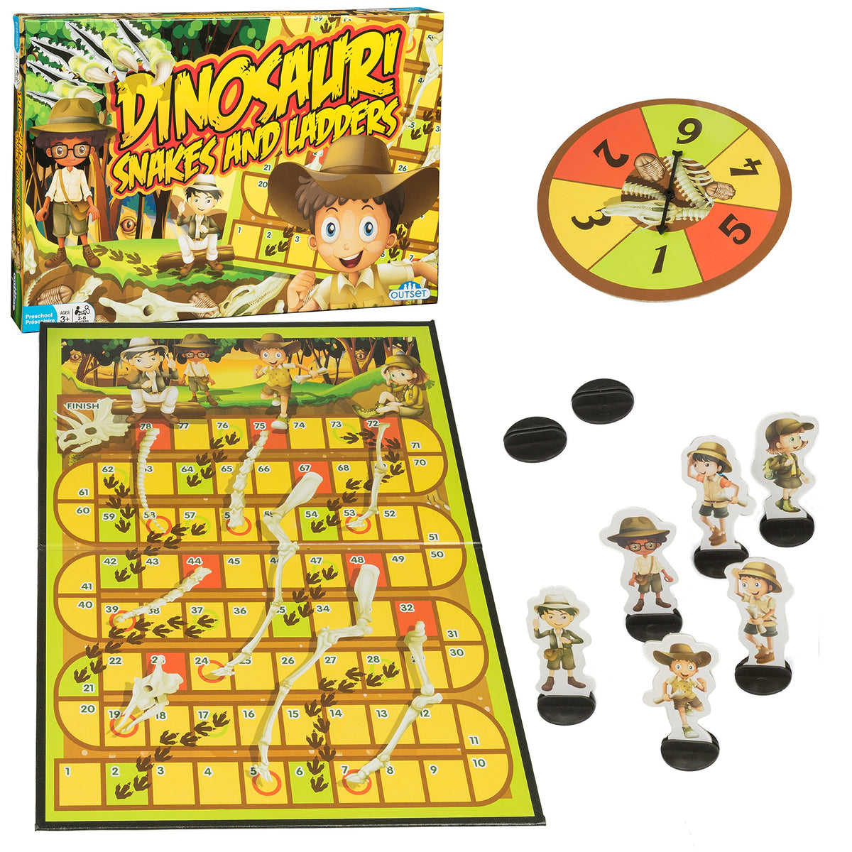 Dinosaur Snakes and Ladders Preschool Game - No Reading Required - Early Learning Basic Couting Game for Kids Ages 3 and up - for 2 to 6 Players by