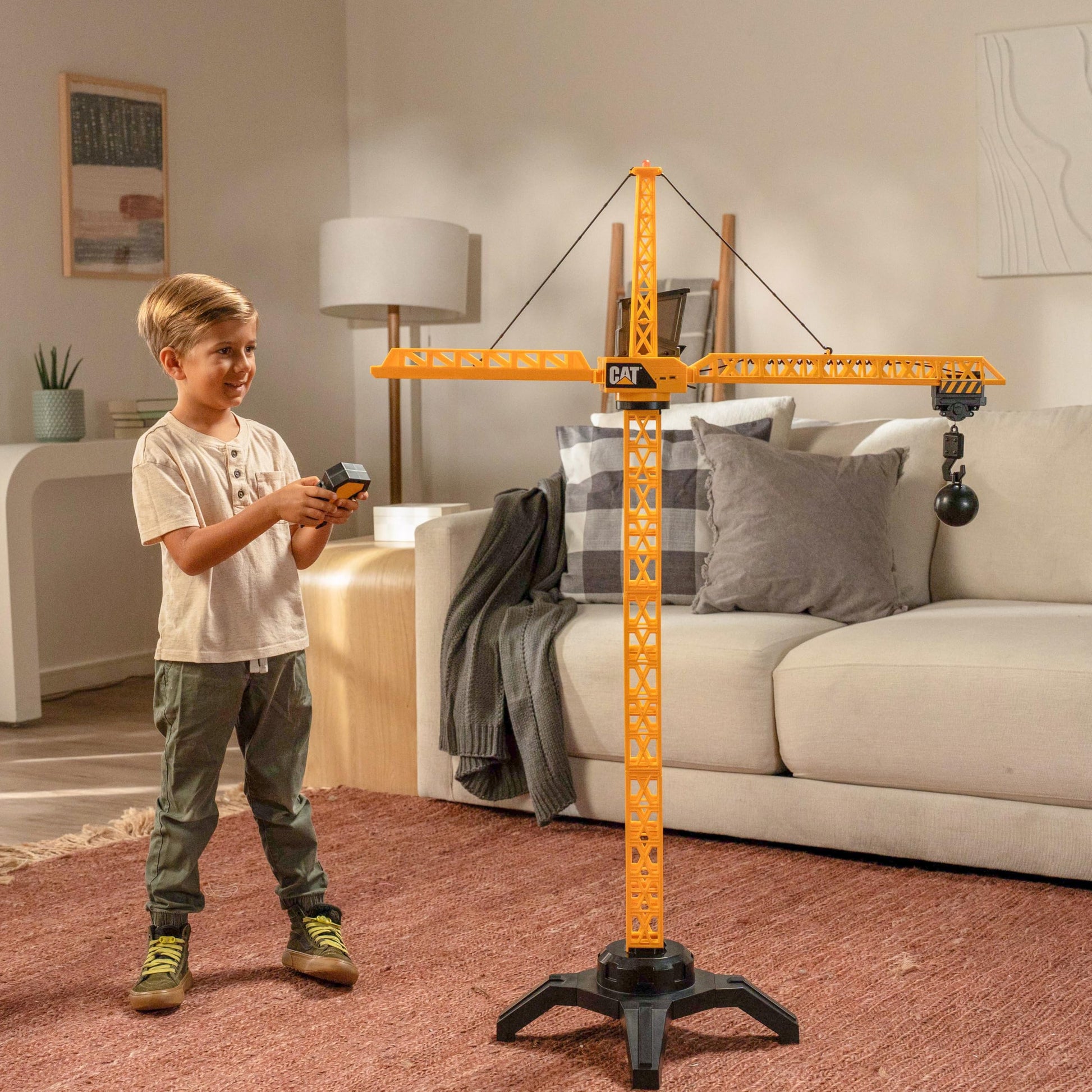 Cat Construction Workforce Jumbo Tower Crane Set, 50-Inch RC Crane Toy with 360-Degree Rotation, Hook and Wrecking Ball, Light, Skid Steer and 4"