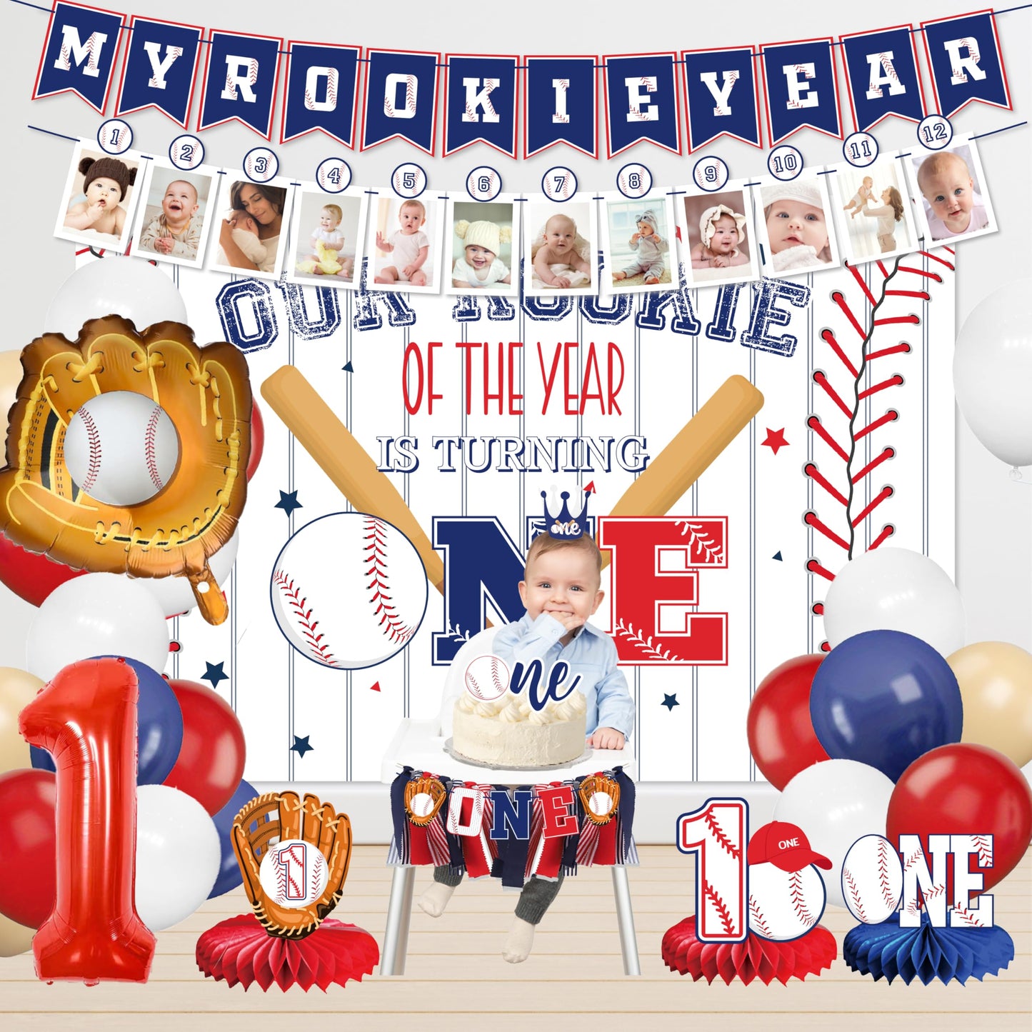 Baseball 1st birthday party decorations boy, our rookie Backdrop,Baseball Balloon Arch,my rookie year banner,first birthday decorations for boy