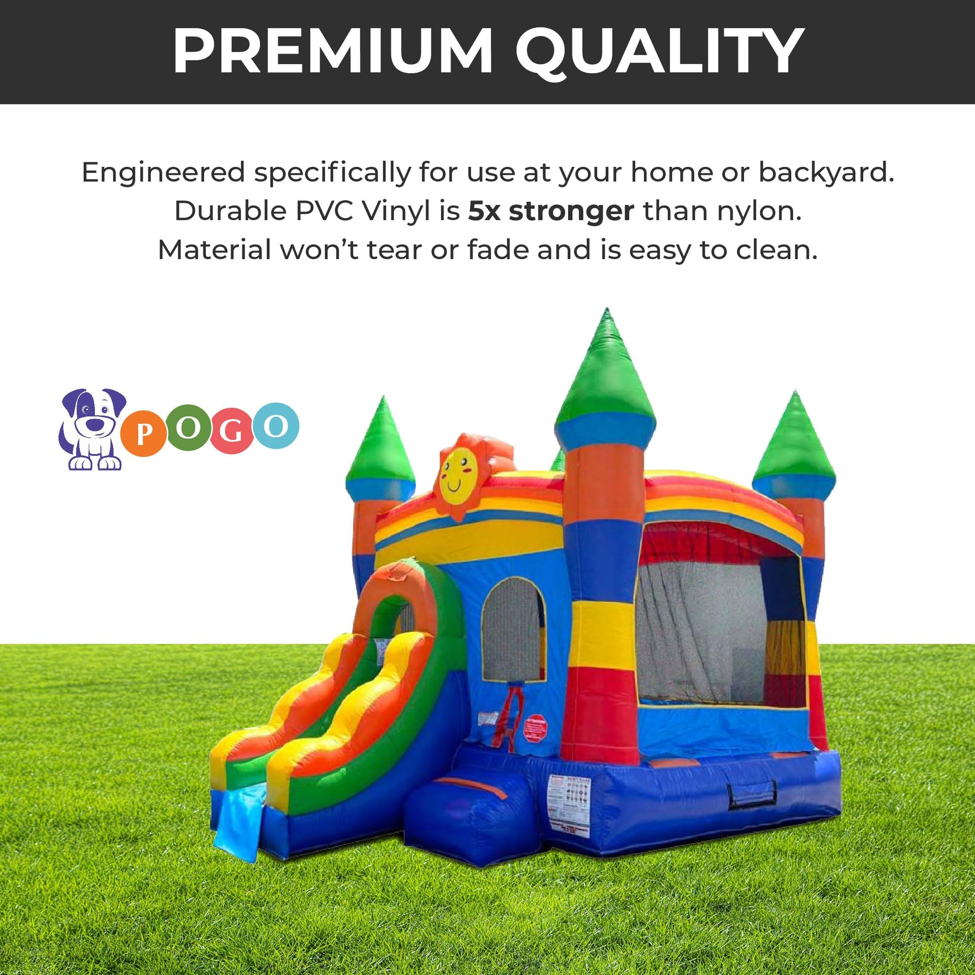 Pogo Bounce House Crossover Inflatable with Slide No Blower, Rainbow Smiley