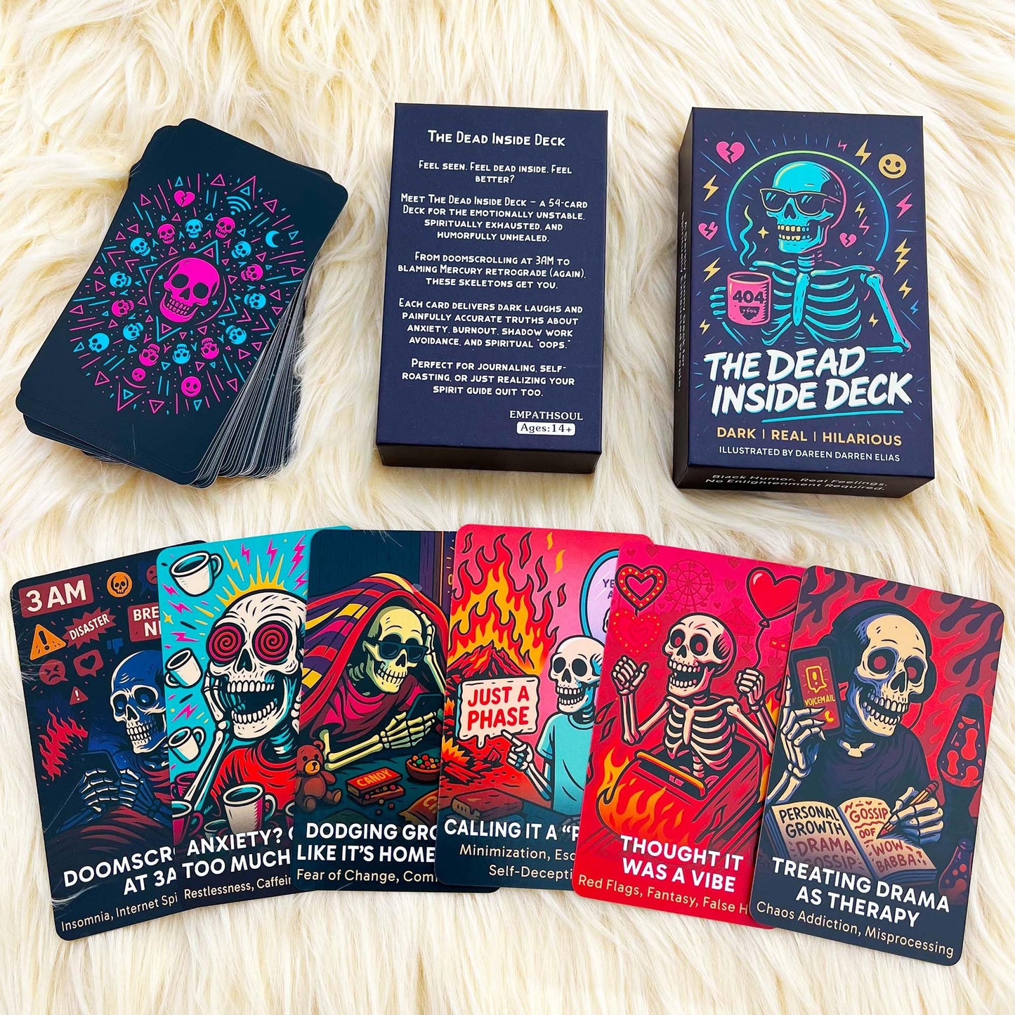 DPEHAKMK The Dead Inside Oracle Deck, 54 Dark Humor Skeleton Oracle Cards for Beginners, Funny Halloween Skeleton Oracle Cards, Shadow Work Deck