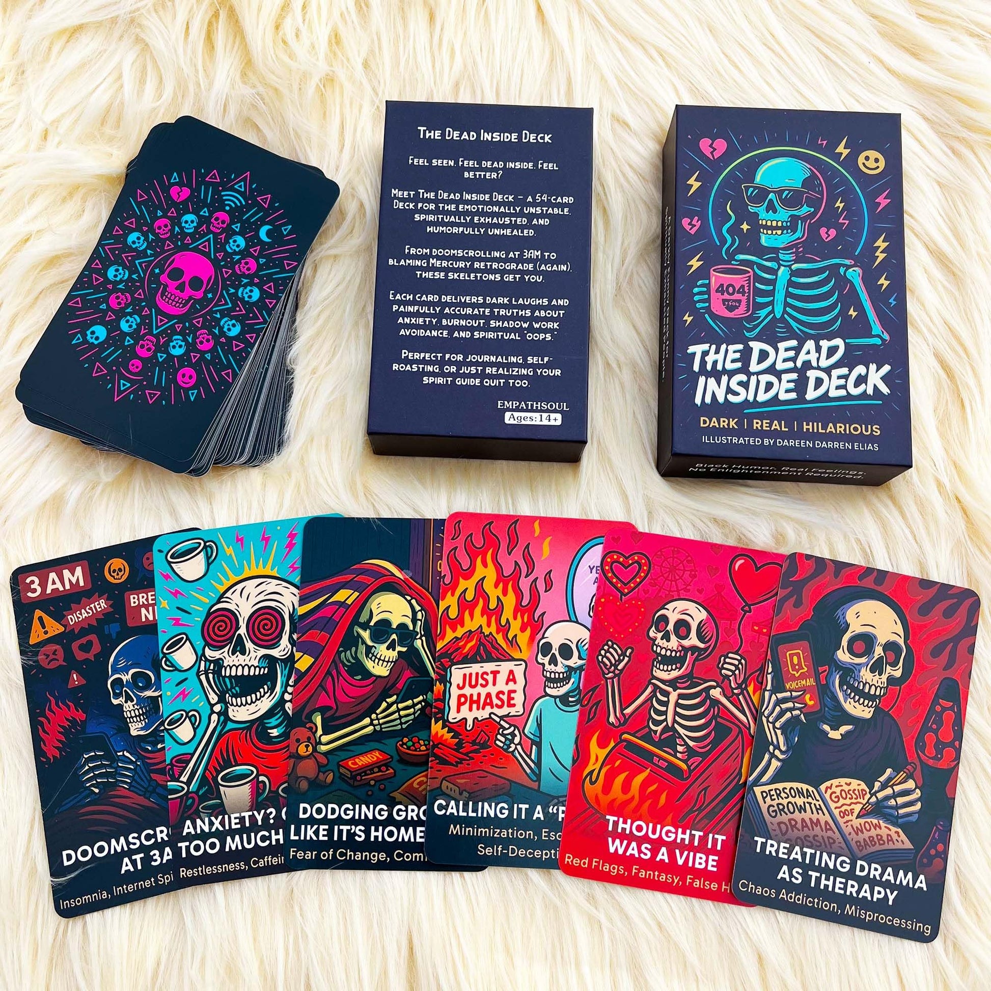 DPEHAKMK The Dead Inside Oracle Deck, 54 Dark Humor Skeleton Oracle Cards for Beginners, Funny Halloween Skeleton Oracle Cards, Shadow Work Deck