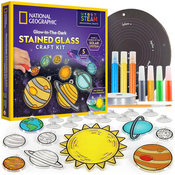 NATIONAL GEOGRAPHIC Kids Window Art Kit - Stained Glass Solar System Arts & Crafts Kit with Glow in The Dark Planets, Use as Window Suncatchers