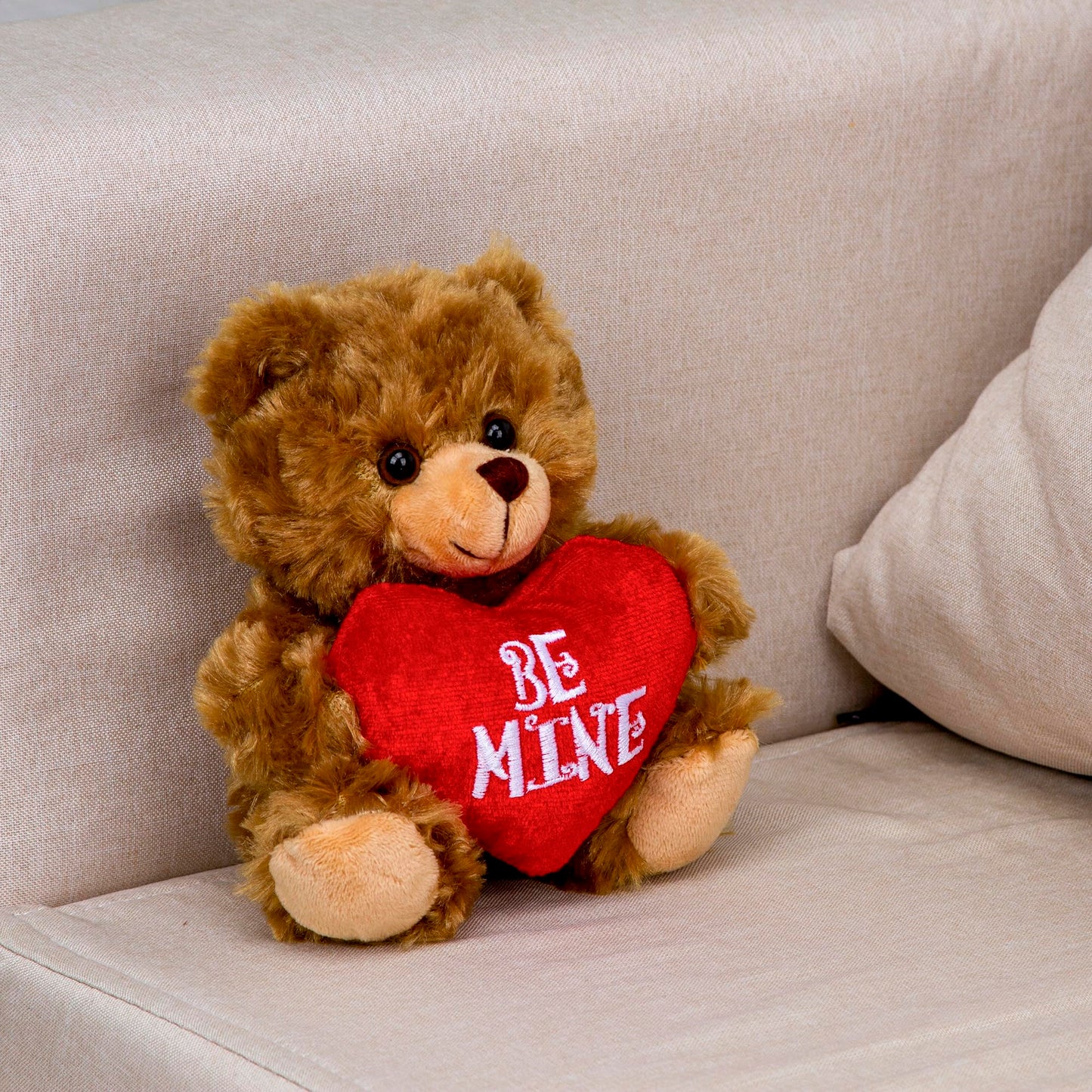 Plushland Stuffed Mocha Heart Bear - Be Mine- Plush Bear Toy for Kids & Adults - Embroidered Heart Pillow - Brown-6 inches