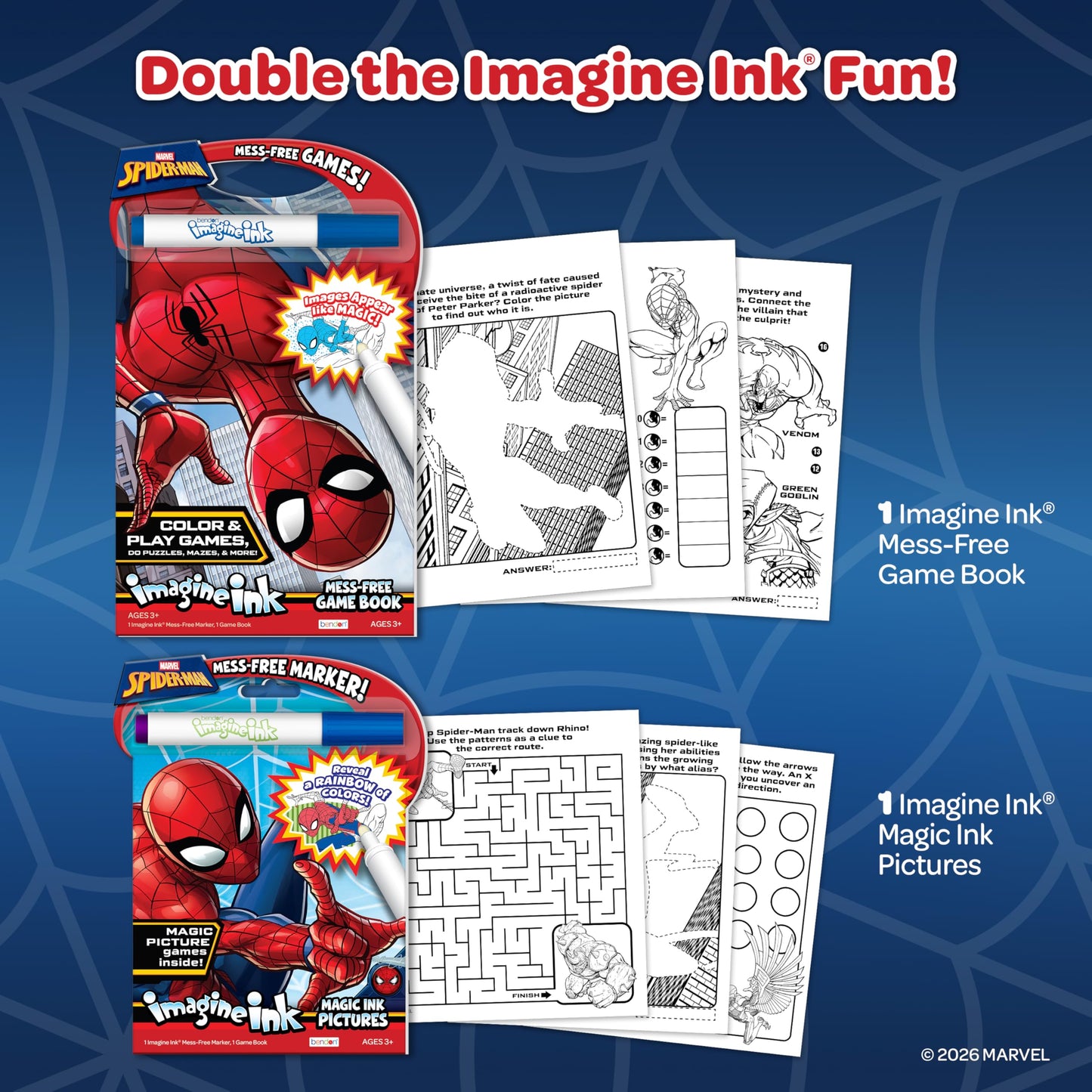 Marvel Spider-Man Imagine Ink Activity Book Bundle, Spiderman Books for Kids, Magic Ink Pictures and Mess-Free Game Book, 2 Books and 2 Markers, Ages