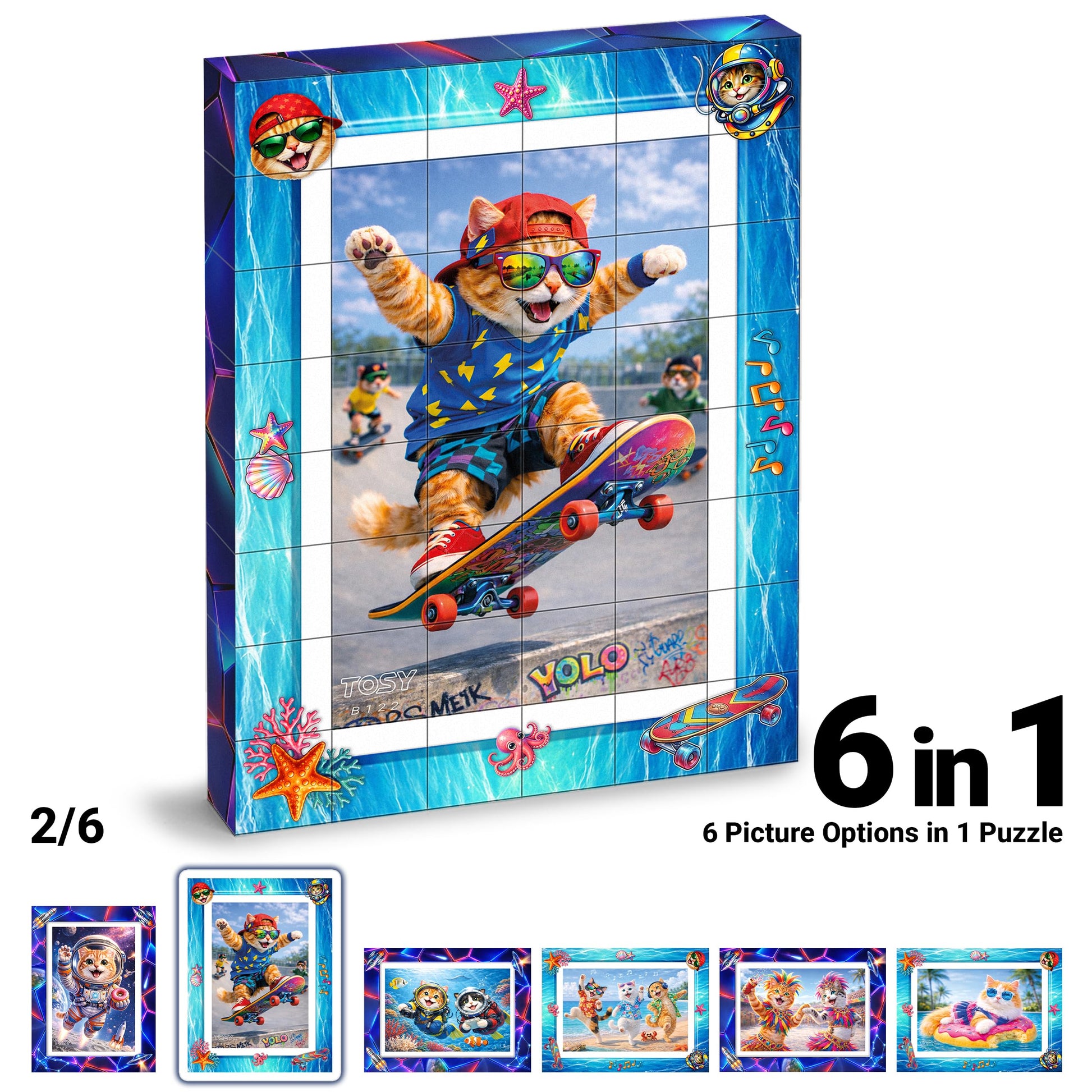 TOSY Picture Cube Adventure Cats: 6-in-1 Magnetic Picture Puzzle, 48 Blocks, 288 Puzzle Faces, 0.6 in, B122, Seamless UV Art, Display-Ready Frame