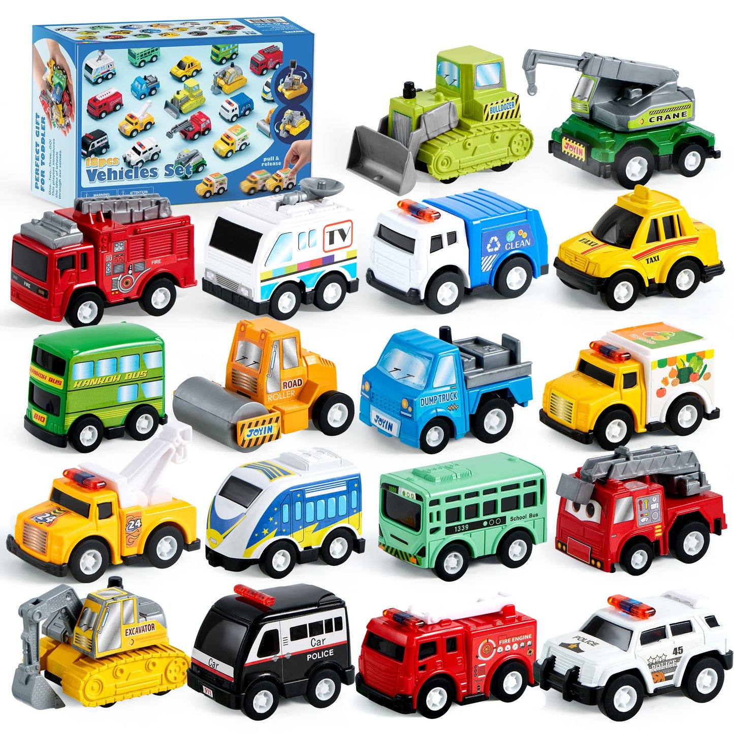 JOYIN 18 Pcs Pull Back City Cars and Trucks Toy Vehicles Set, Friction Powered Mini Cars Toys for Toddlers, Party Favors for Kids 3-5, Birthday Gifts