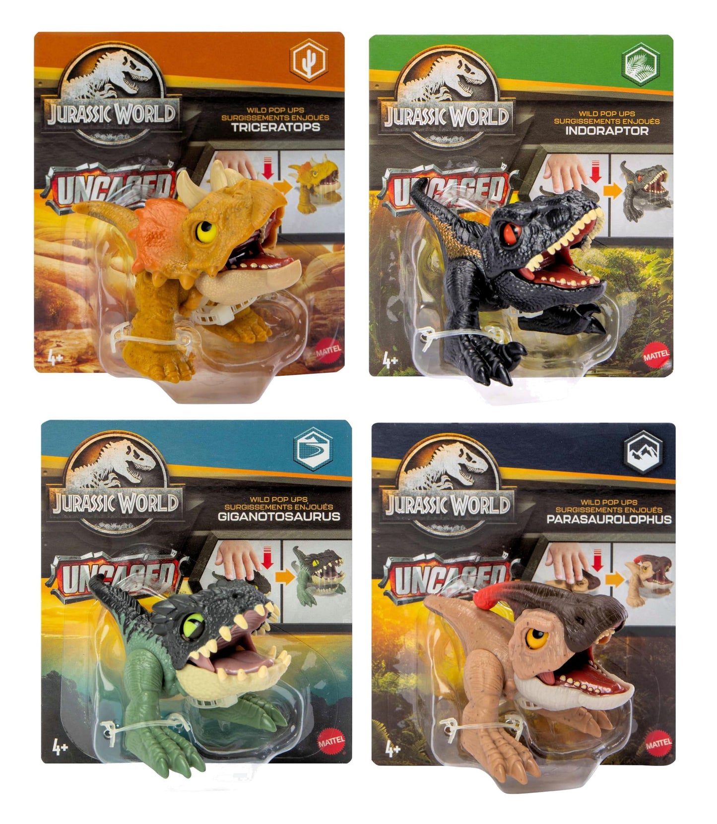Jurassic World 2023 Wild Pop Ups Uncaged Set of 4 Figures (Triceratops, Indoraptor, Giganotosaurus, Parasaurolophus) from HJB51-956E Release