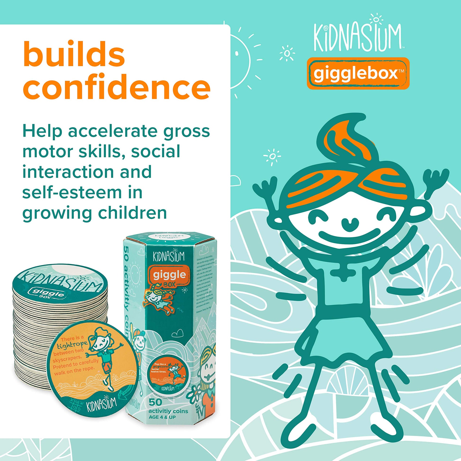 Kidnasium Giggle Activity Box Fitness & Exercise Coins | Fun Educational Classroom Gym Learning Game for Active Boys & Girls Ages 4 and Up, Multicolor