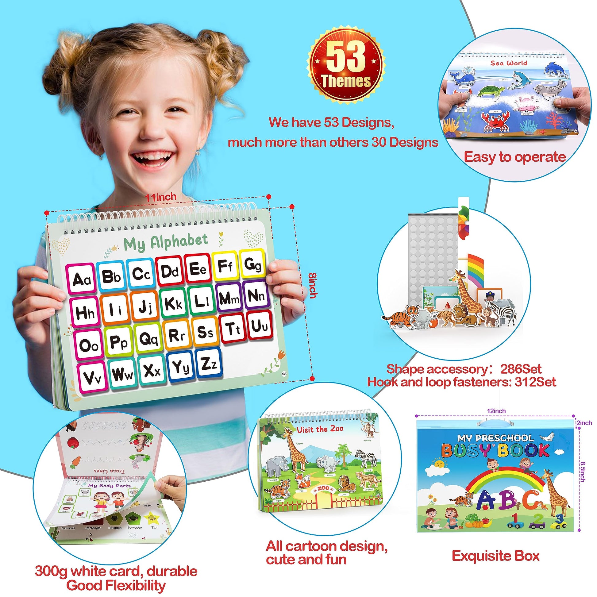 WJPC 53 Designs Busy Book for Toddlers 1,2,3,4,5,6 Years. Preschool Learning Busy Board Kids Boys&Girls Quiet Montessori Toddler Activity Book