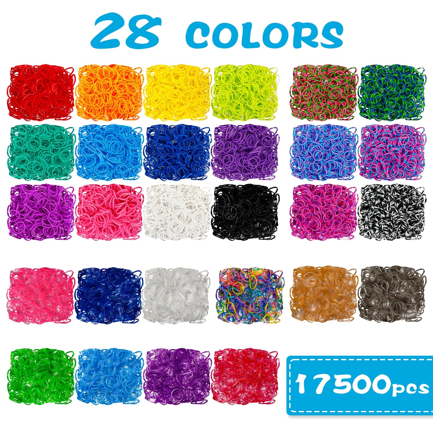 INSCRAFT 17500+ Rubber Loom Bands with 3 Layer Blue Container, 28 Colors, 600 S-Clips, 352 Beads, 40 Cartoon Pendant, Bracelet Making Refill Kit