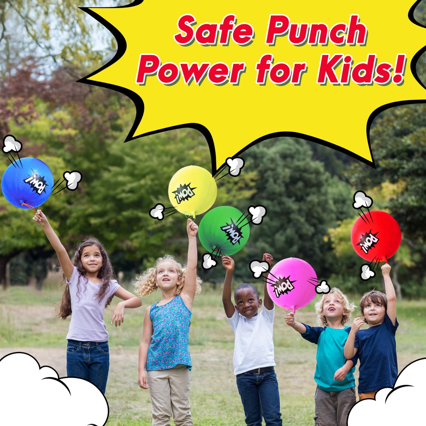 4E's Novelty 25 Piece Set Inflatable Baseball Bats with Pow Design, 12 Punch Balloons for Kids, 1 Huge 30" Bopper for Super Hero Birthday Bat