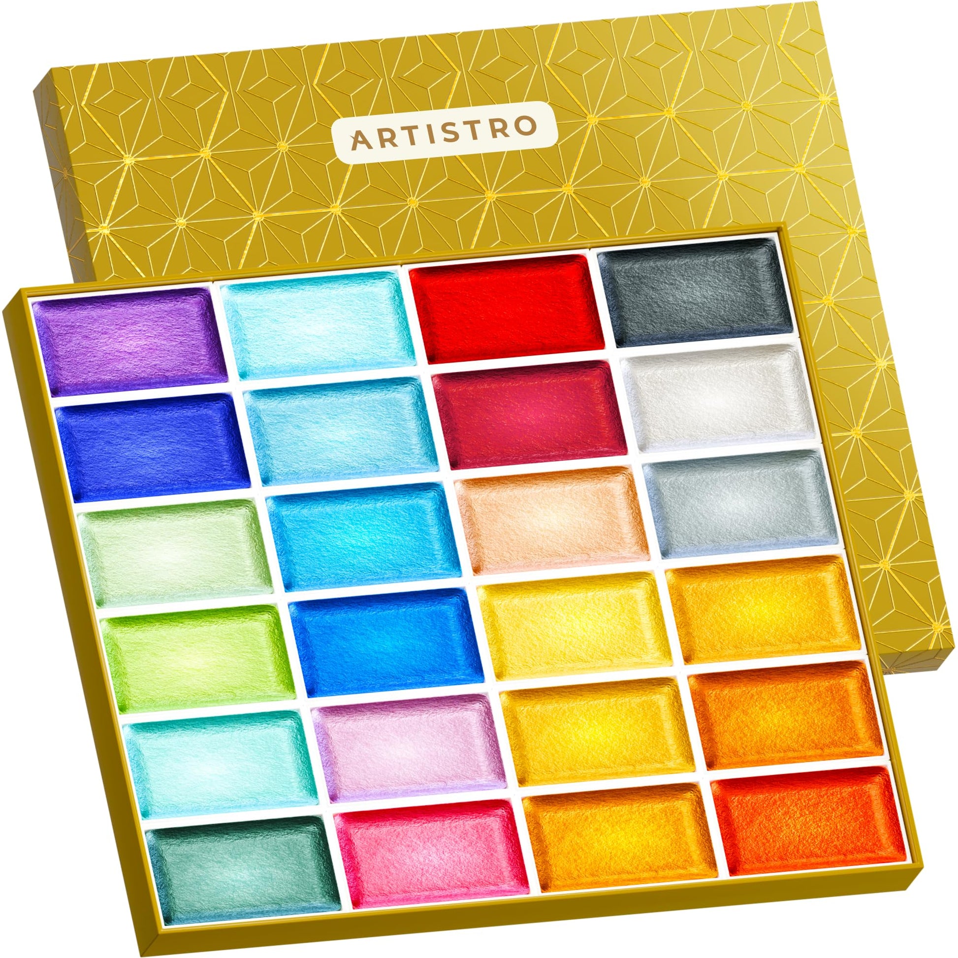 ARTISTRO Professional Metallic Watercolor Paint Set for Adults - 24 Pigment-Rich Colors, XL Pans, ASTM-I Lightfastness, High Tinting Strength