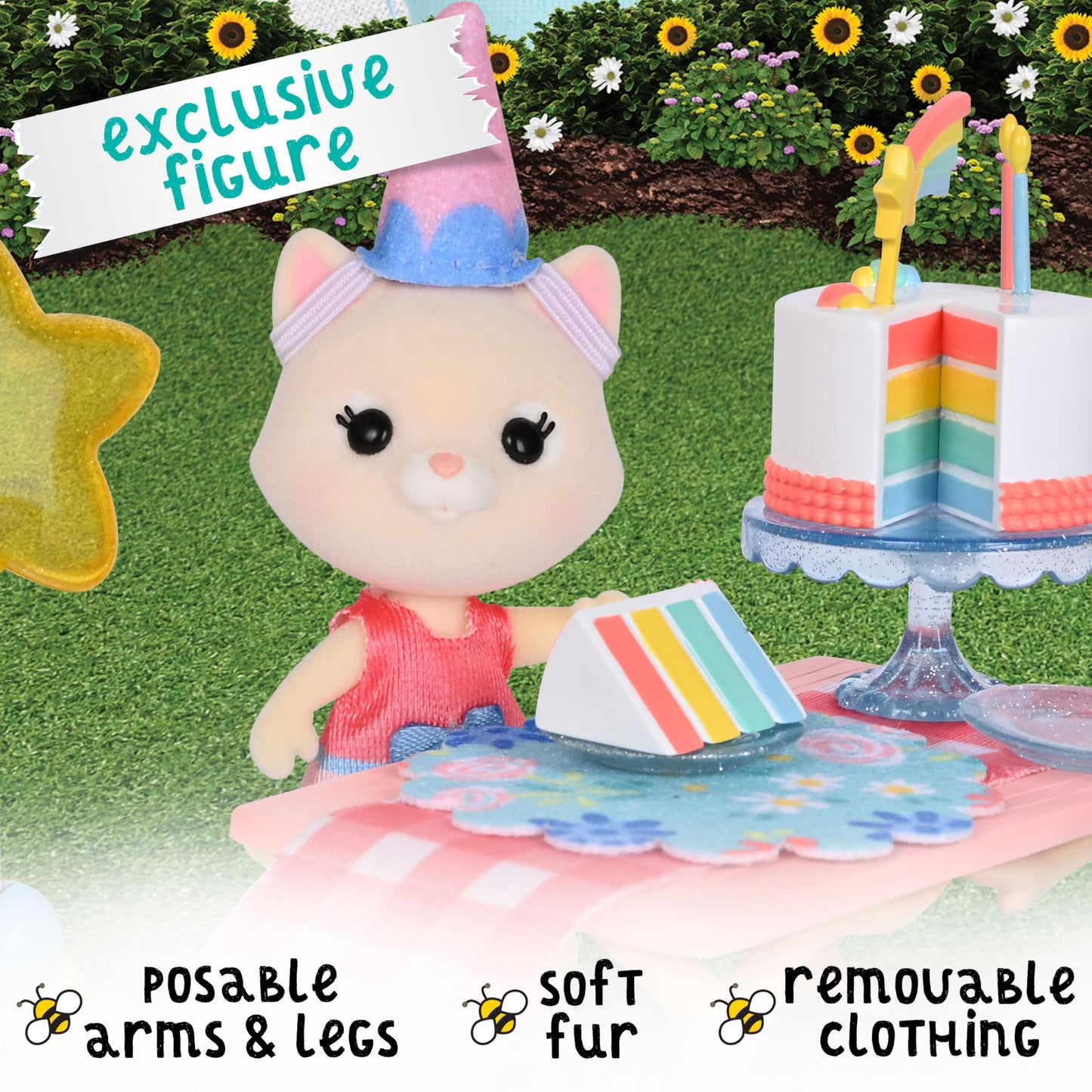 Honey Bee Acres Birthday Wishes Playset, 15 Piece Miniature Dollhouse Party Set with Cat Figure, Rainbow Cake, Balloons & Gift, Pretend Play Birthday