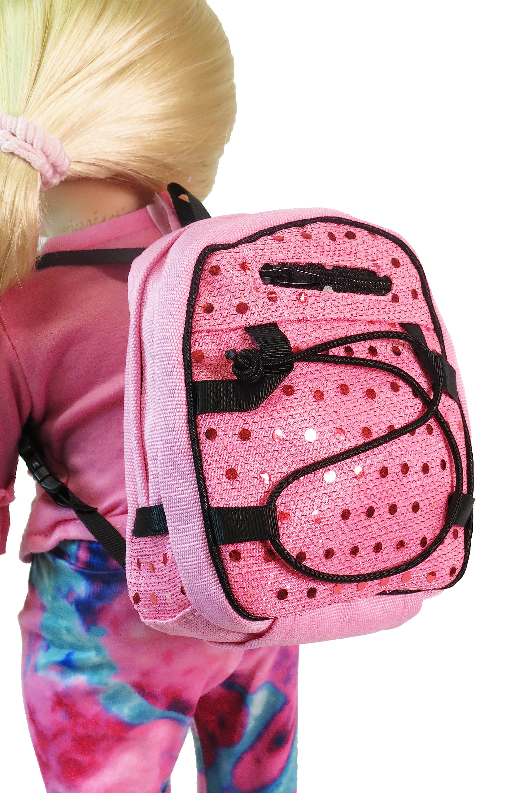 American Fashion World Doll Pink Sequin School Backpack for 18-Inch Dolls | Premium Quality & Trendy Design | Dolls Accessories for Popular Brands
