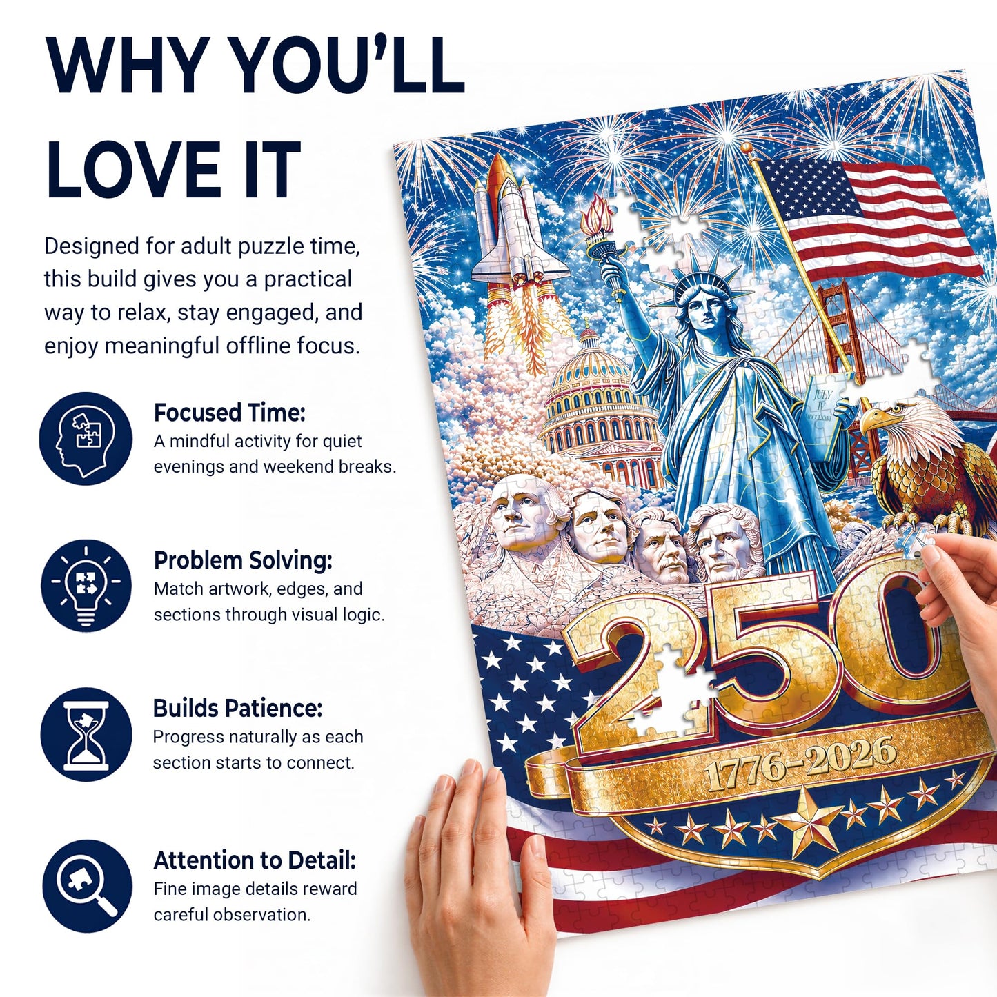 America 250 Anniversary Wooden Puzzle 1000 Pieces, USA 250th 1776-2026 Patriotic Artwork with Letters on Back, Challenging Jigsaw Puzzles for Adults
