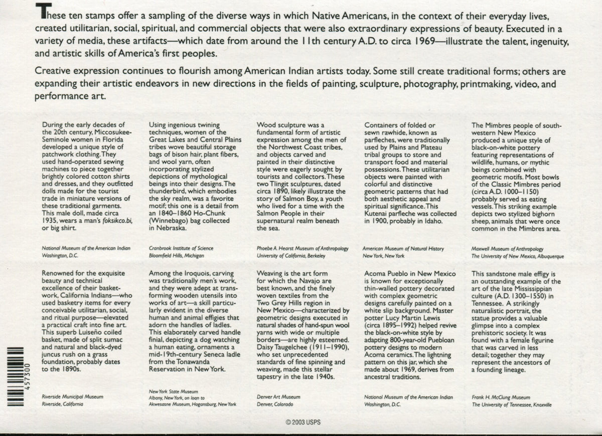 Art of the American Indian, Full Pane of 10 x 37-Cent Postage Stamps, USA 2004, Scott 3873