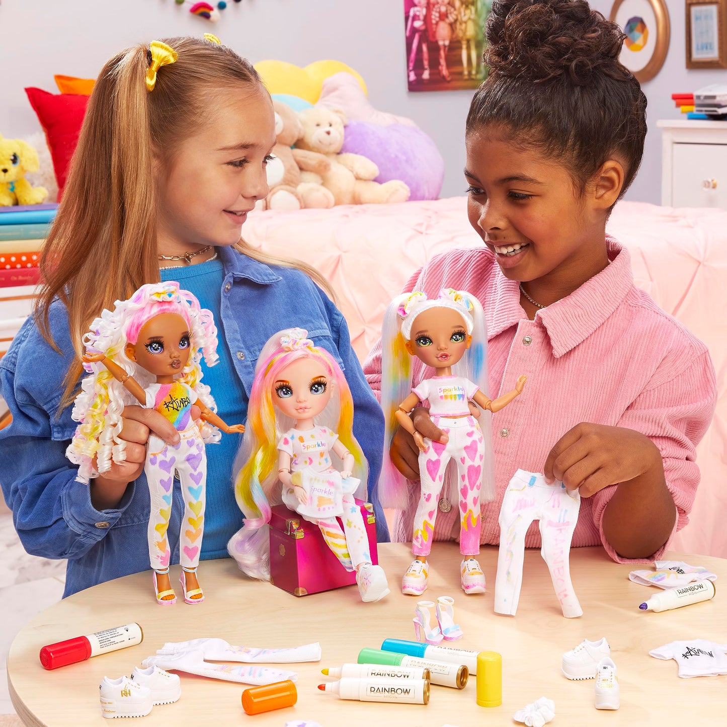 Rainbow High Color & Create Fashion DIY Doll with Washable Rainbow Markers, Green Eyes, Straight Hair in 2 Pig Tails, Bonus Top & Shoes. Color