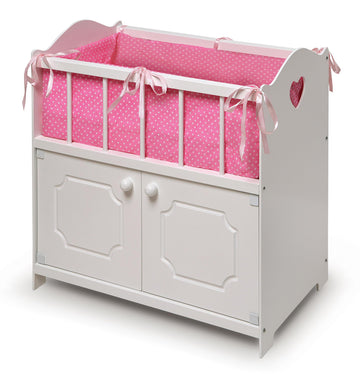 Badger Basket Wooden Baby Doll Crib with Bedding and Storage - Wooden Bed with Blanket, Pillow, and Personalization Kit - Ideal for Baby Dolls