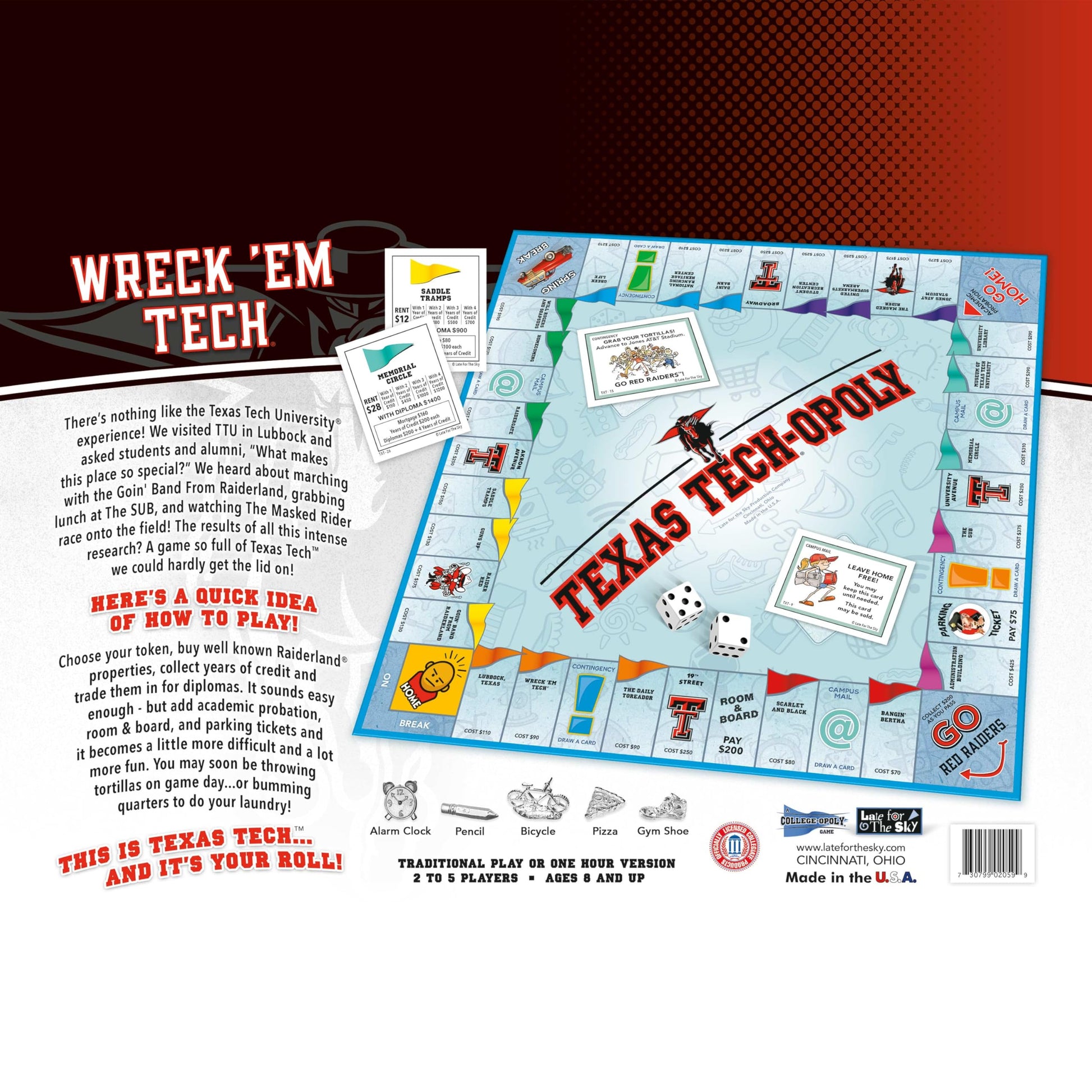 Late for The Sky Texas Tech-Opoly Board Game - Official University Campus Edition, Family Party Strategy Board Game for Adults and Kids, 2-6 Players