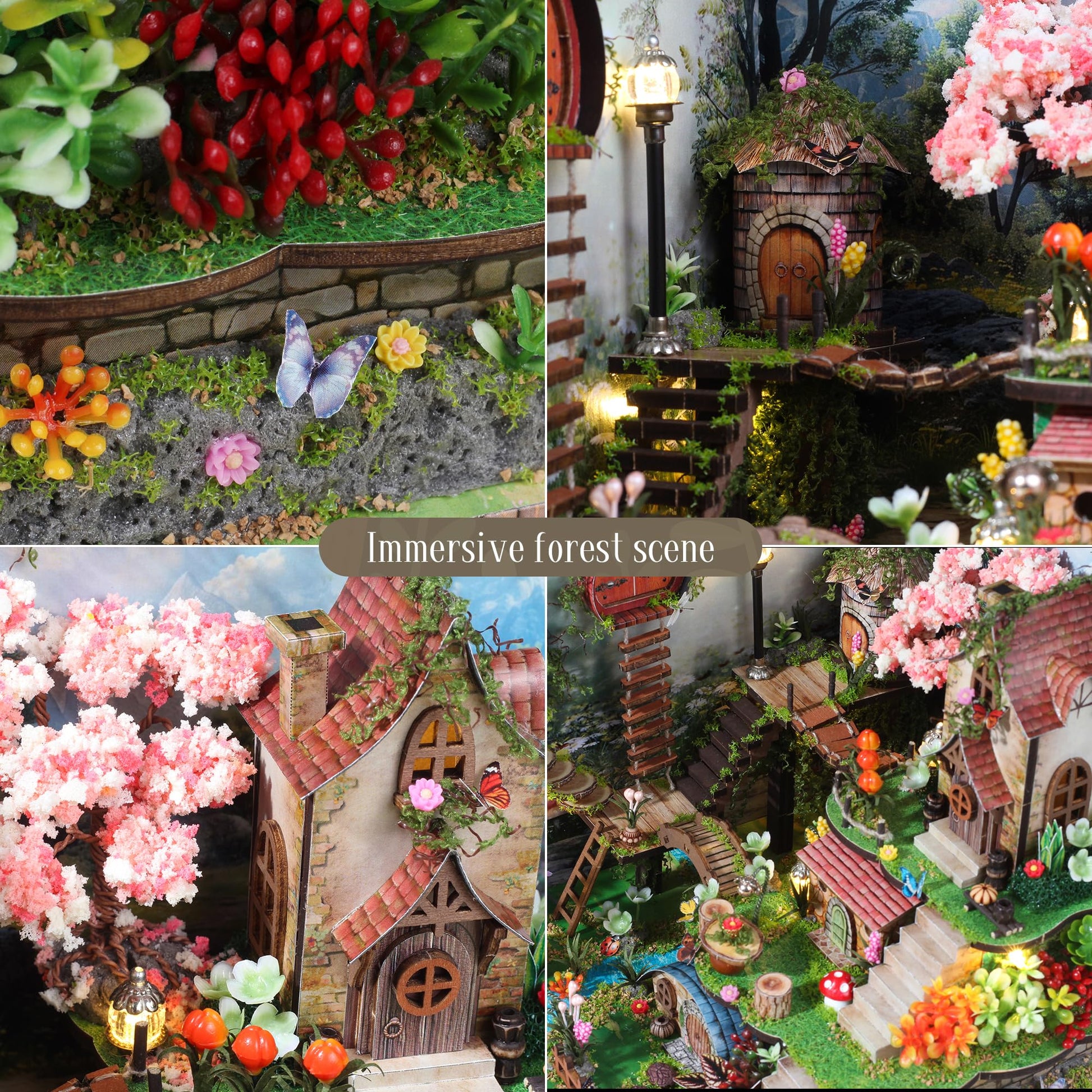 Splashora DIY Miniature Dollhouse Kit, Forest Fairyland with Cherry Blossom Tree, Tiny House Building Kit for Adults DIY Crafts Birthday for Family