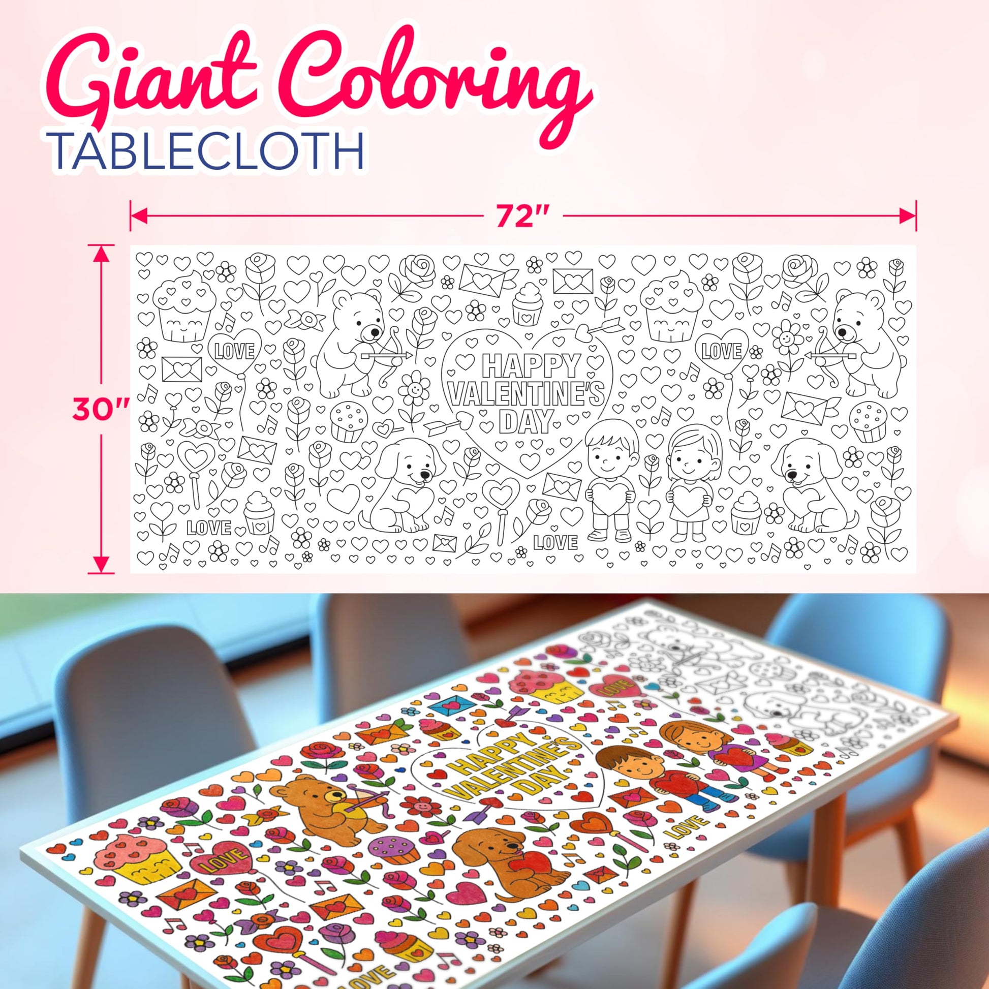 4E's Novelty 104 Pcs Giant Valentine Color Tablecloth Poster 30x72, with 103 Stickers, Huge DIY Valentines Day Coloring Table Coth Valentines Kids