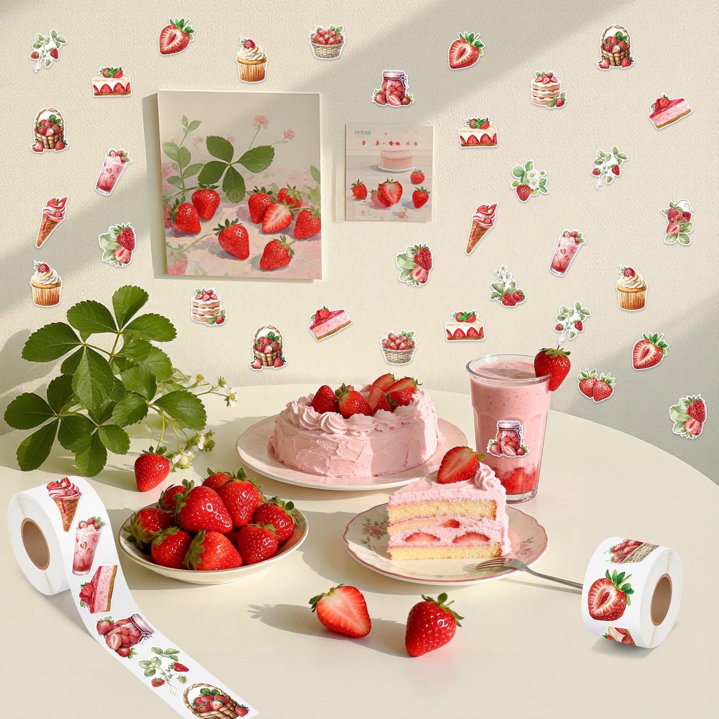 Summer Strawberry Roll Sticker for Kids- 1000Pcs Strawberry Decals in 2 Rolls, Summer Fruits Ice Cream Cake Drink Dessert Vinyl Stickers for Birthday