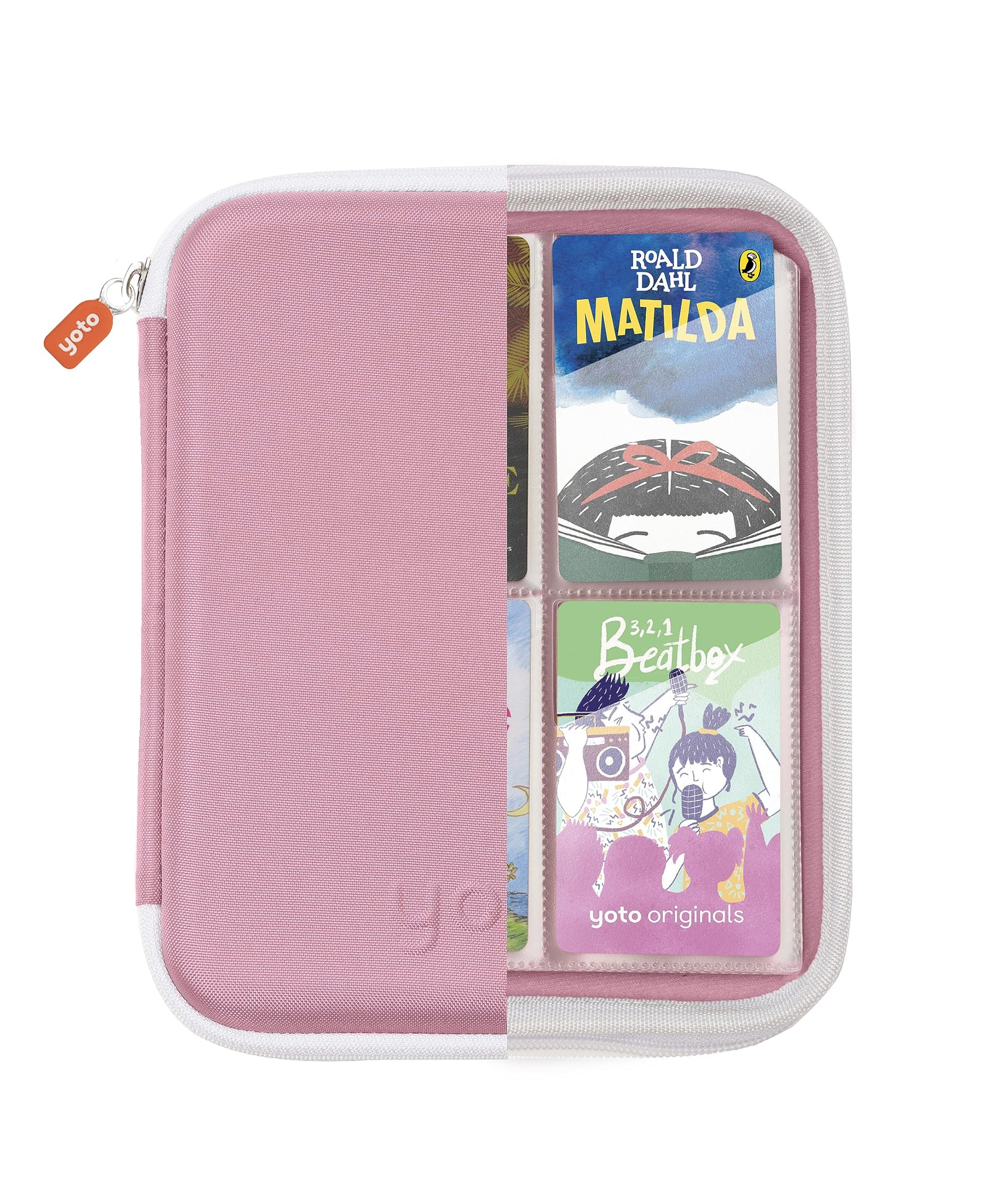 YOTO Card Case in Think Pink - Kids Accessory, Soft Portable Folder with Zipper & 64 Pockets for Player & Mini Audiobook Cards, Binder Sleeve Holder
