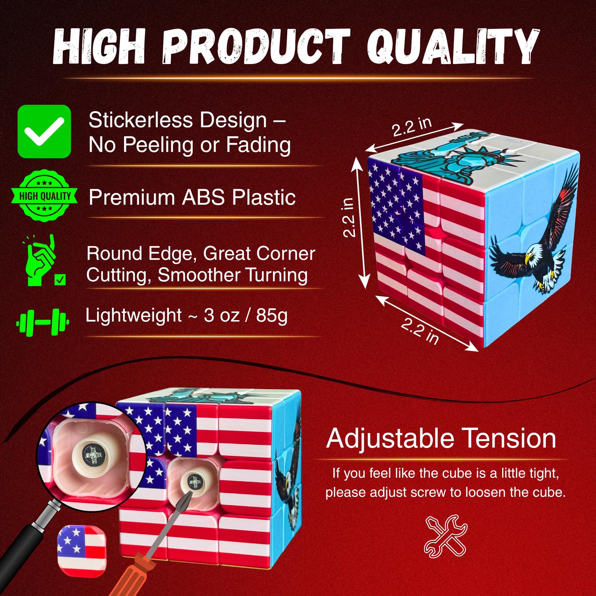 USA 3x3 Speed Cube Puzzle - American-Themed US Patriotic Brain Teaser Toy - Independence Day Decor American Flag, Collectible Souvenir Gift